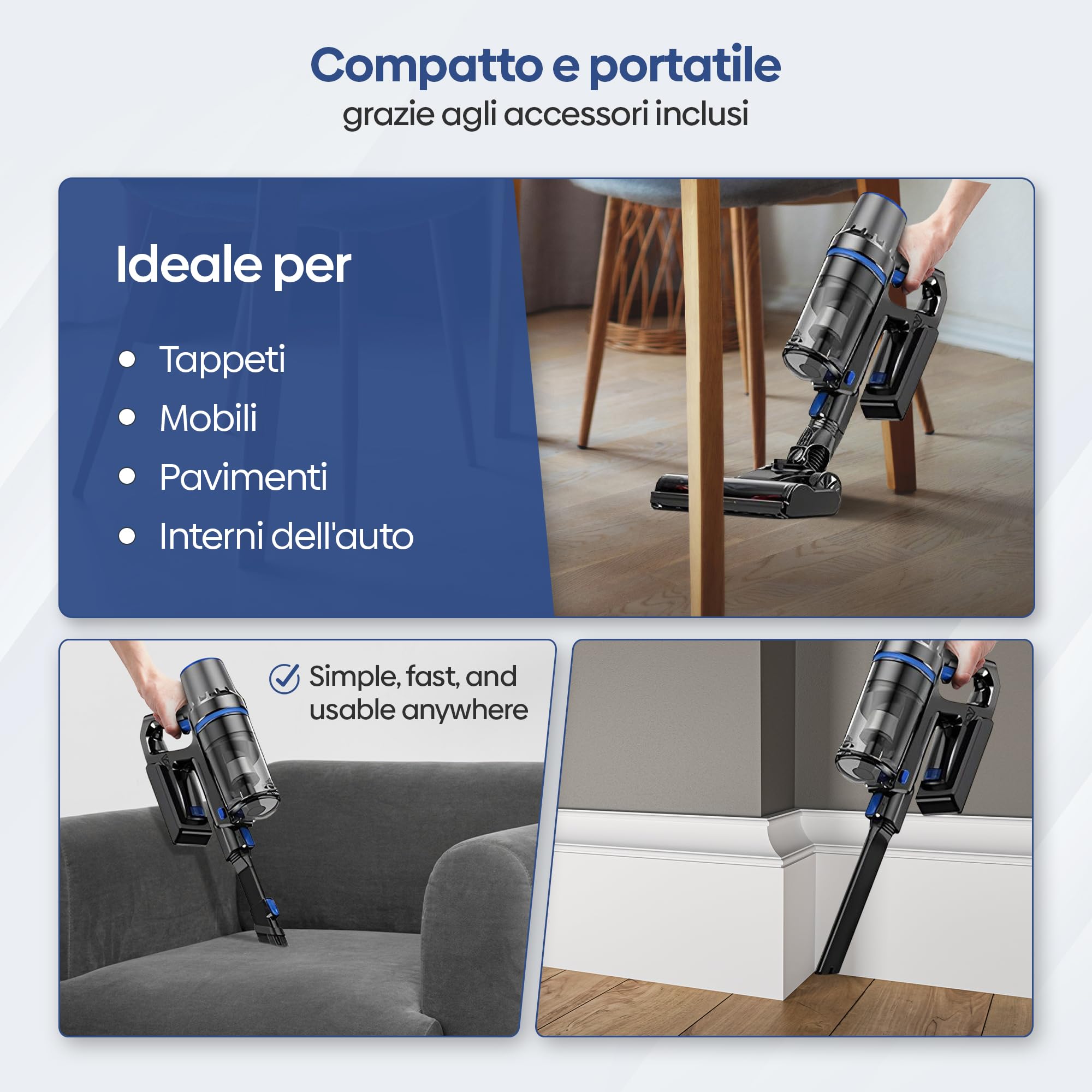 Olvy Aspirapolvere a batteria 2 in 1 – senza fili, senza sacchetto – 35.000 Pa potenza di aspirazione, 5 livelli, Display LED, filtro HEPA