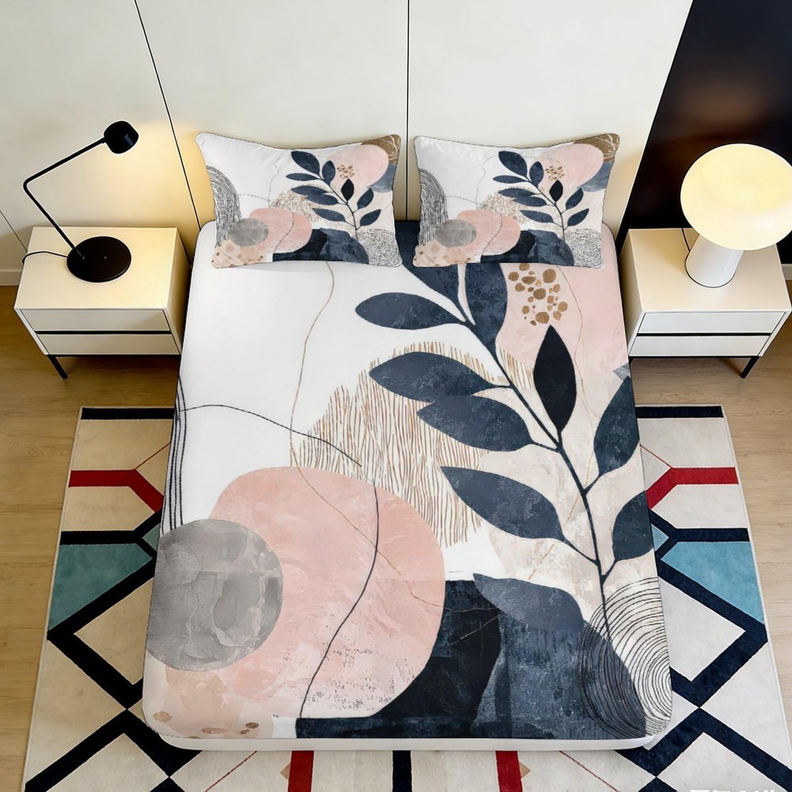 3D Printed Abstract Botanical Fitted Sheet Microfiber Deep Pocket Non-Slip Bedroom Bedding Abstract Mattress Fitted Cover 140x200x25cm