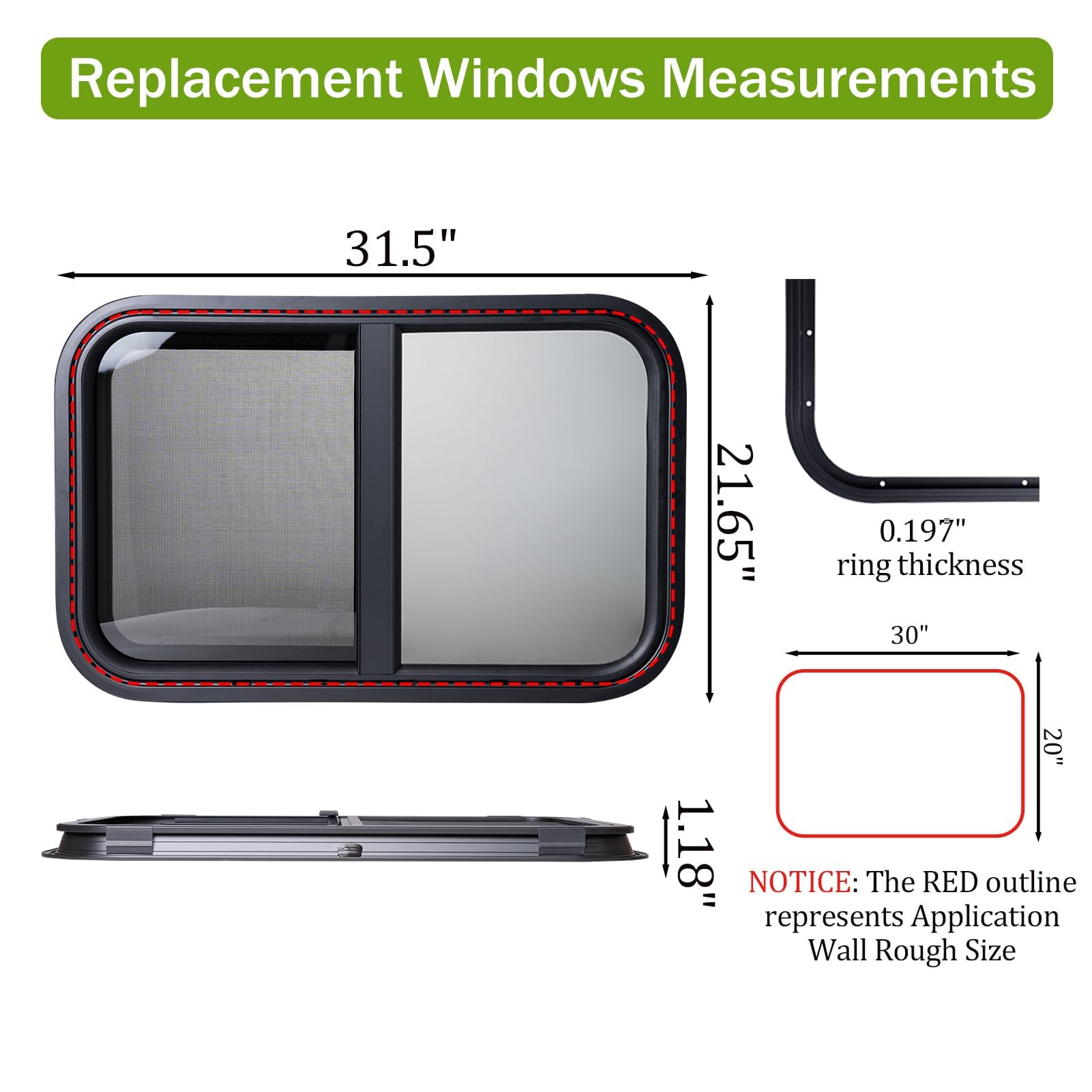 Horizontal RV Window, 762mm x 508mm Tinted Sliding Camper Window with Net Screen and Trim Ring, DOT Certified, Replacement for RVs and Trailers