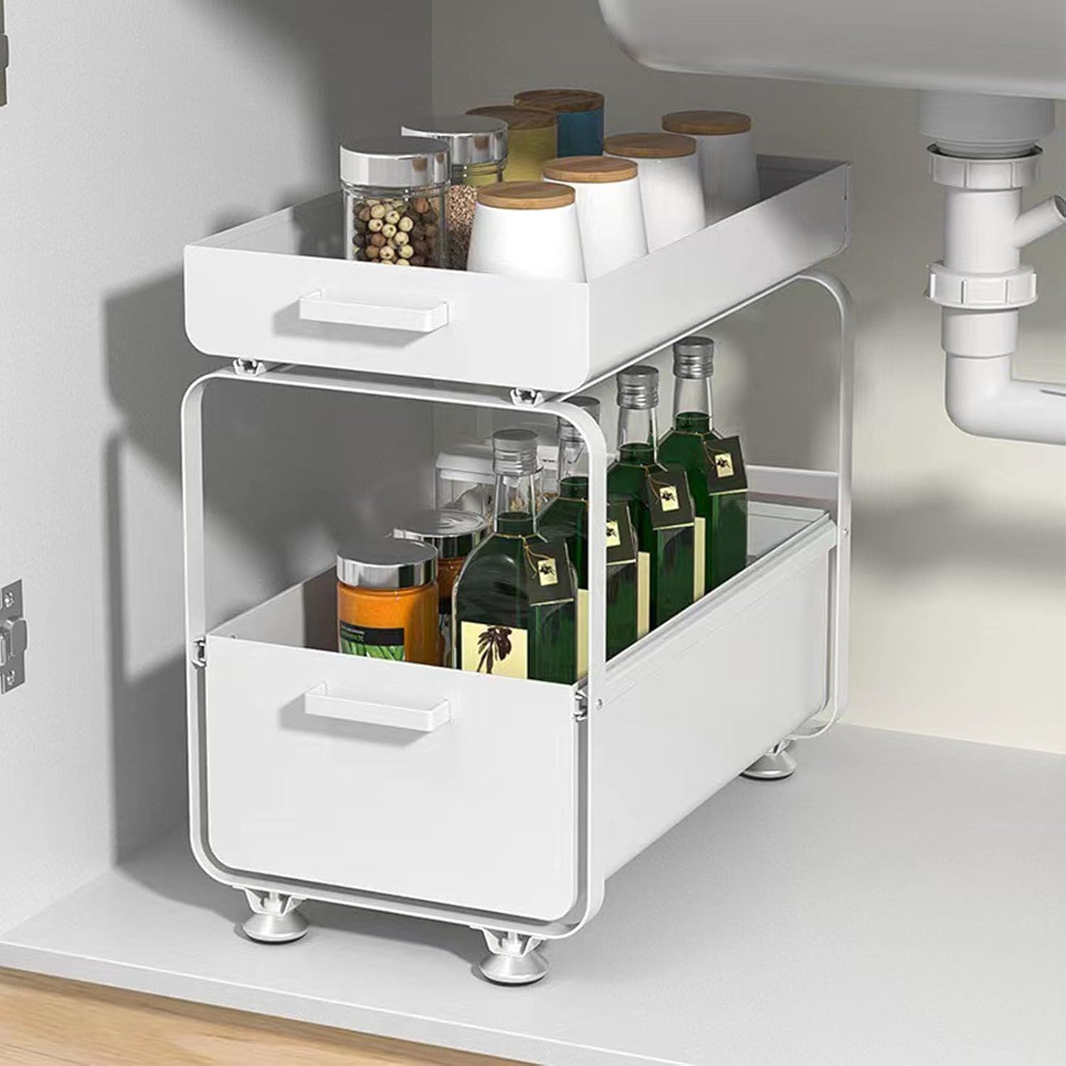 2 Tier Under Sink Organizer,Carbon Steel Under Sink Organizers and Storage with Sliding Drawer and Foot Pad,Multi-Purpose Pull Out Under Sink for Kitchen Bathroom(9.93 * 15.75 * 15.94in, A)