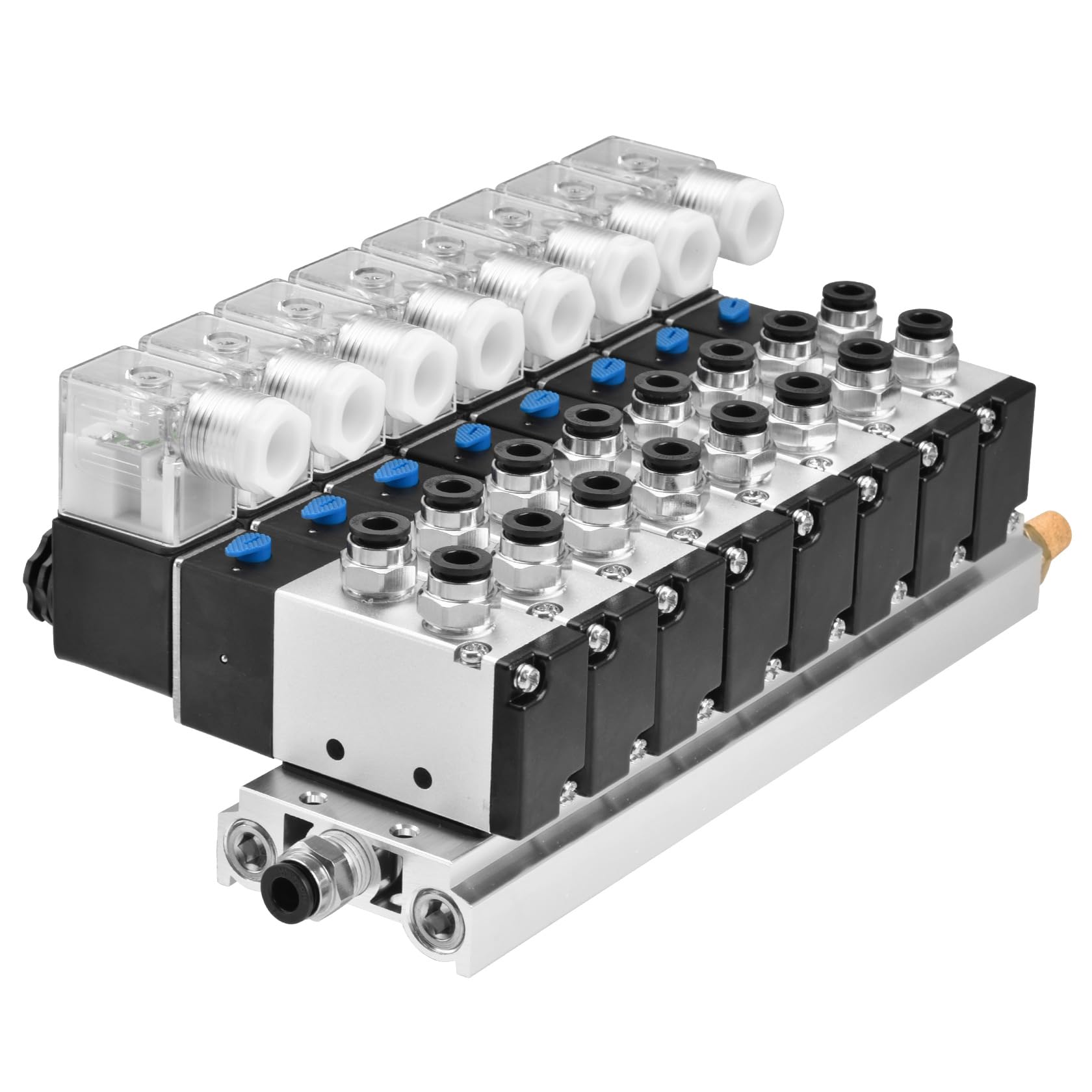 Heschen Válvula solenoide integrada de 8 espacios 4V210-08, DC24V, PT1/4 pulgadas, 5 posiciones 2 posiciones, con silenciador de base, juego de accesorios rápidos