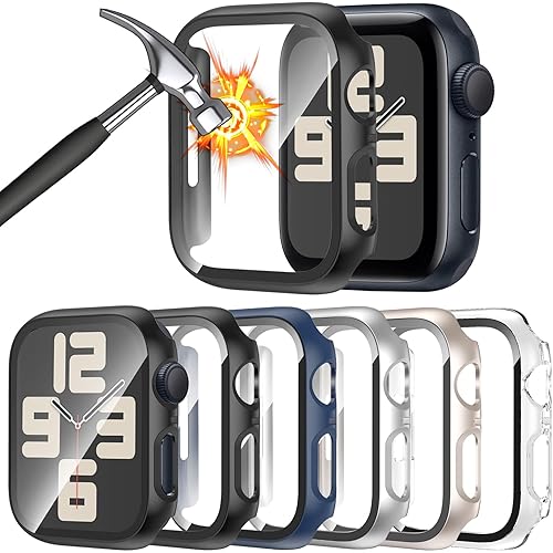 [6 Pack] Case for Apple Watch SE 3/SE 2nd Gen Series 6 5 4 SE 44mm Screen Protector with Ultra-Thin Tempered Glass, Full Coverage Anti-Scratch Hard Face Cover for iWatch 44 mm