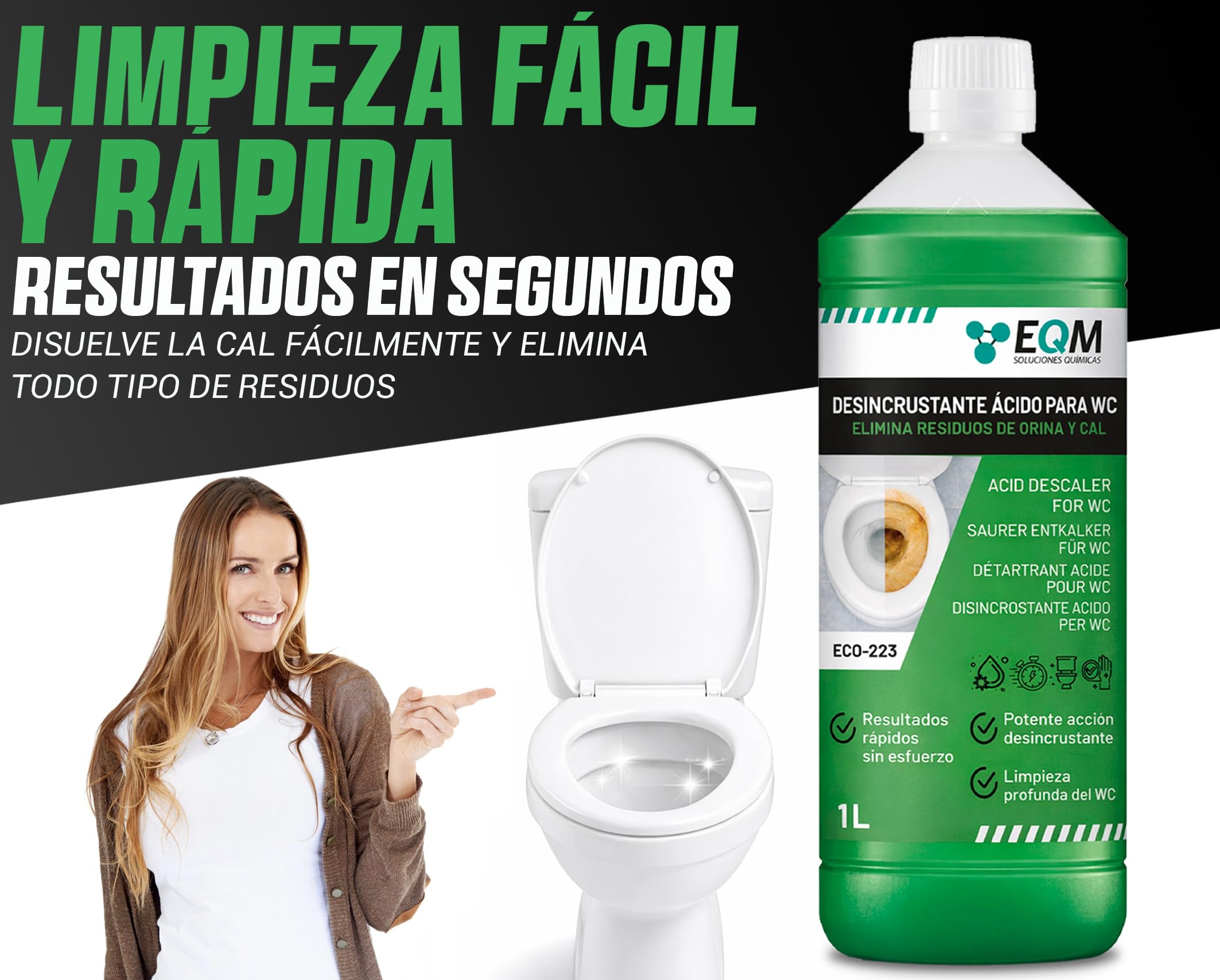 EQM Desincrustante Ácido para WC 1L - Limpia Sarro, Cal y Óxido - Eliminador Extra Fuerte de Incrustaciones - Sanitarios e Inodoros - Alta Potencia