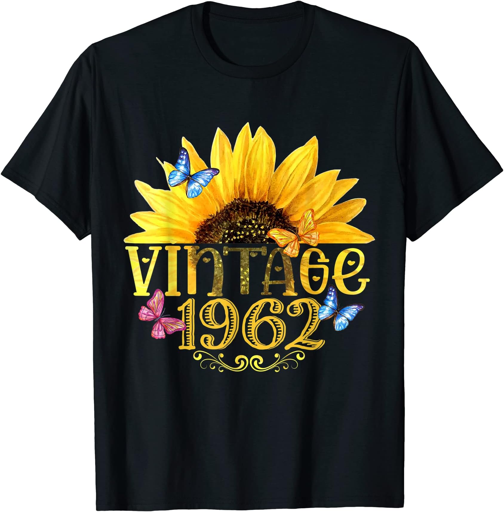 Awesome Since 1962 Sunflower Vintage 62nd BirthdayVintage 1962 Sunflower Floral Butterfly Funny 62nd Birthday T-ShirtOEKO-TEX STANDARD 100