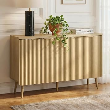 Natual Oak 47.2" Modern Fluted Wood Sideboard 4-Door Buffet Cabinet with Adjustable Shelves, Multi-Space Storage Credenza for Living Room, Dining Room & Entryway