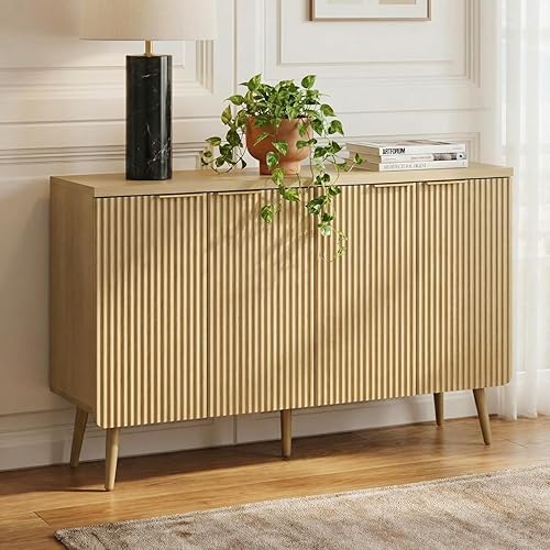 Natual Oak 47.2" Modern Fluted Wood Sideboard – 4-Door Buffet Cabinet with Adjustable Shelves, Multi-Space Storage Credenza for Living Room, Dining Room & Entryway
