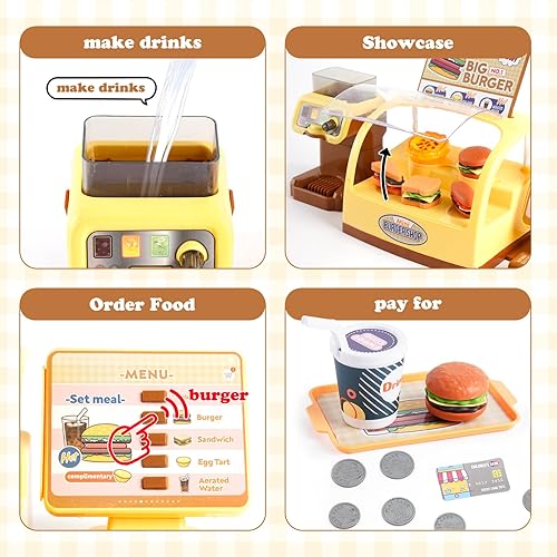 Miniatura 4 de Caja registradora de juguete para niños, juguetes de caja registradora, tienda de juegos con máquina de café, hamburguesa, sándwich, perrito