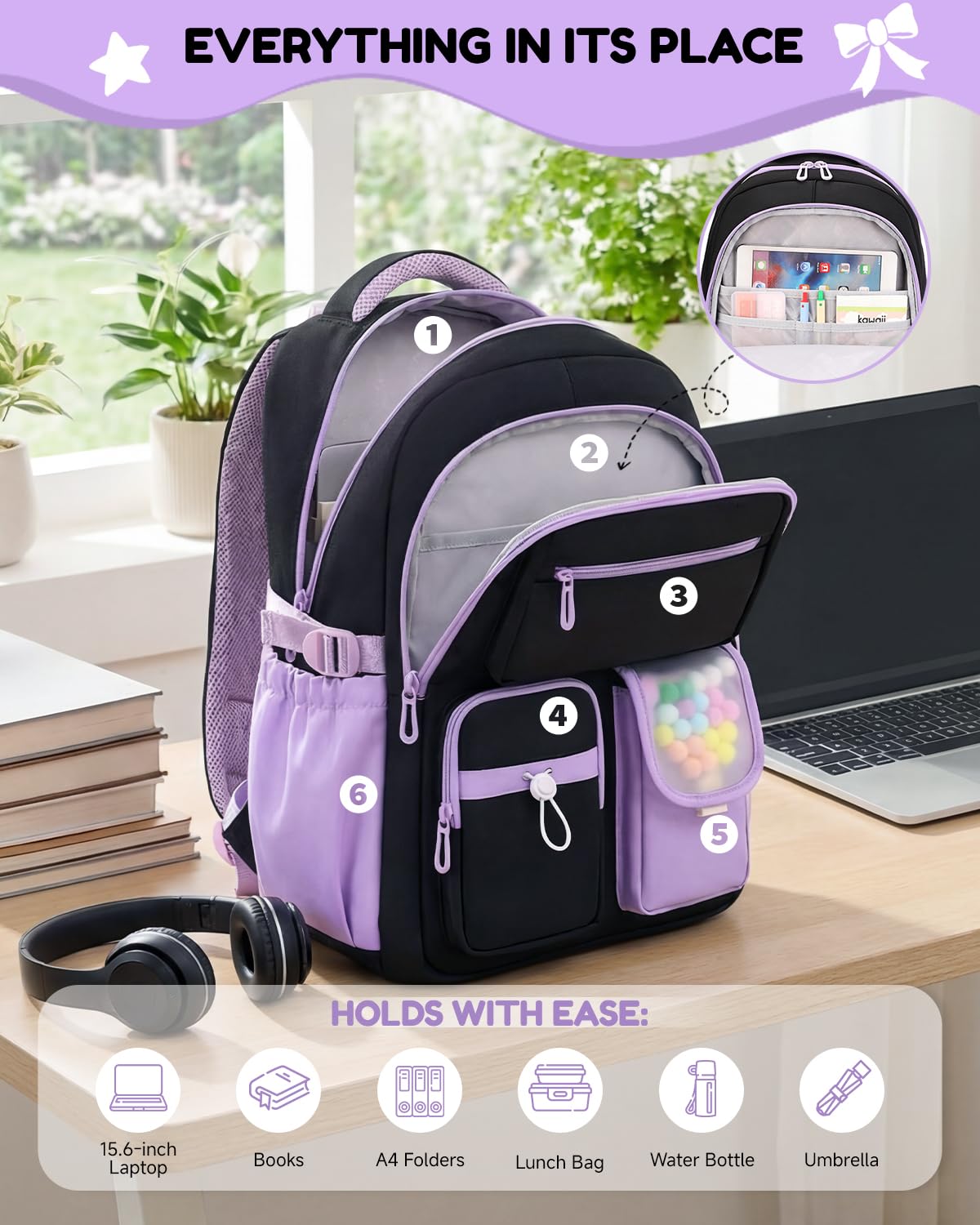 Amythe Zaino con Ruote Bambina 10-18 Anni – Trolley Scolastico 6 Ruote con Carrello Rimovibile – Zaino Trolley per Ragazze Scuole Medie – Grande Capacità per PC 15.6", Viola