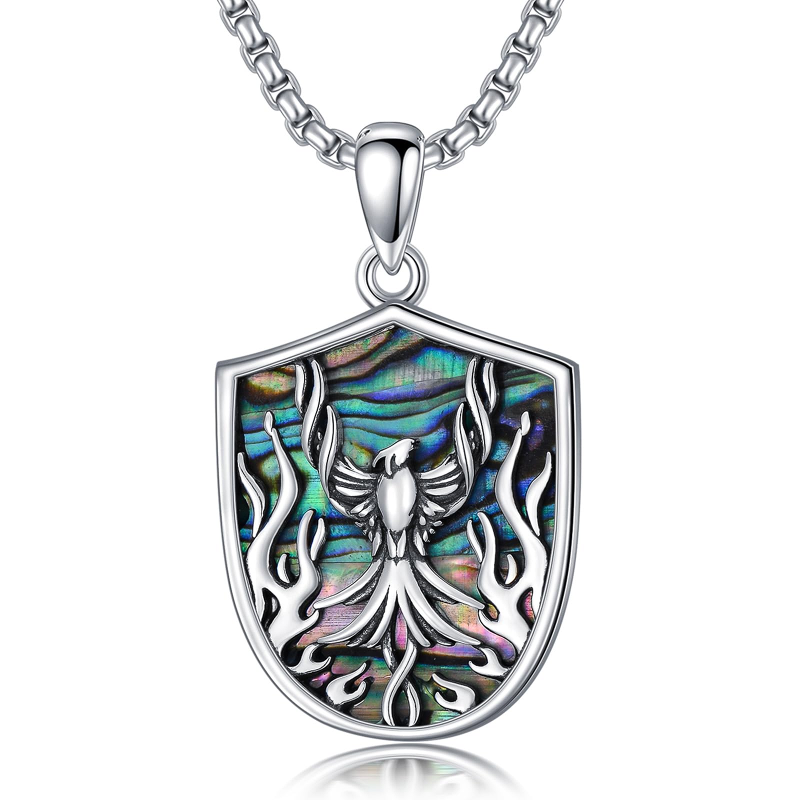 PELOVNY Phoenix Necklace 925 Sterling Silver Shield/Sword/Crystal/Tarot Card/Dog Tag/Cross/Abalone/Axe Pendant Rising Bird Jewelry for Anniversary