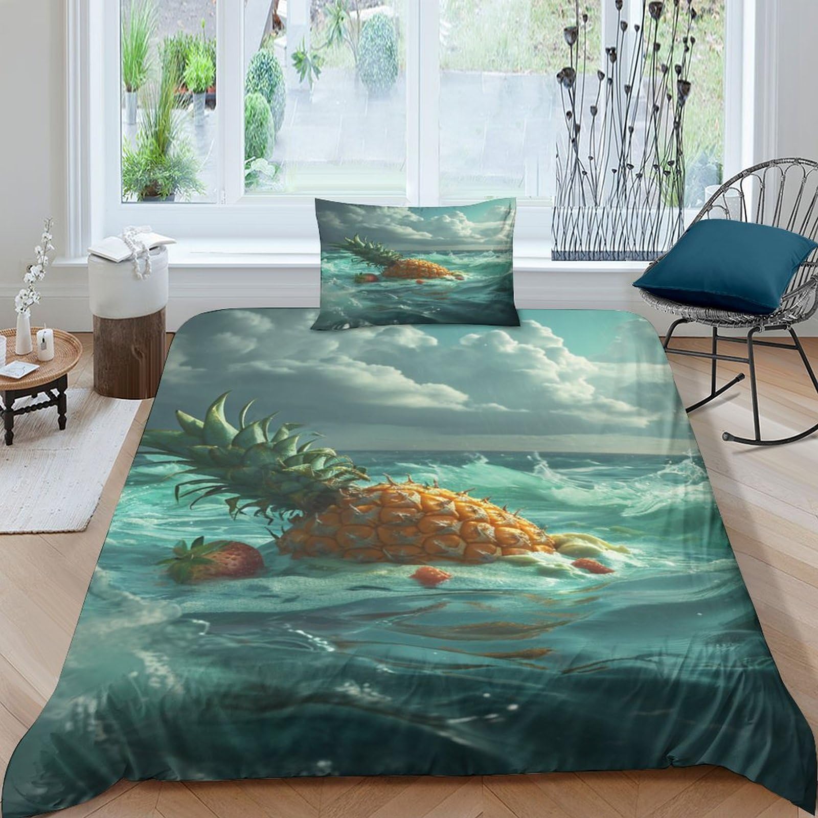 Housse de couette 135x200cm ICOBES imprimé ananas avec fermeture éclair et deux taies d'oreiller