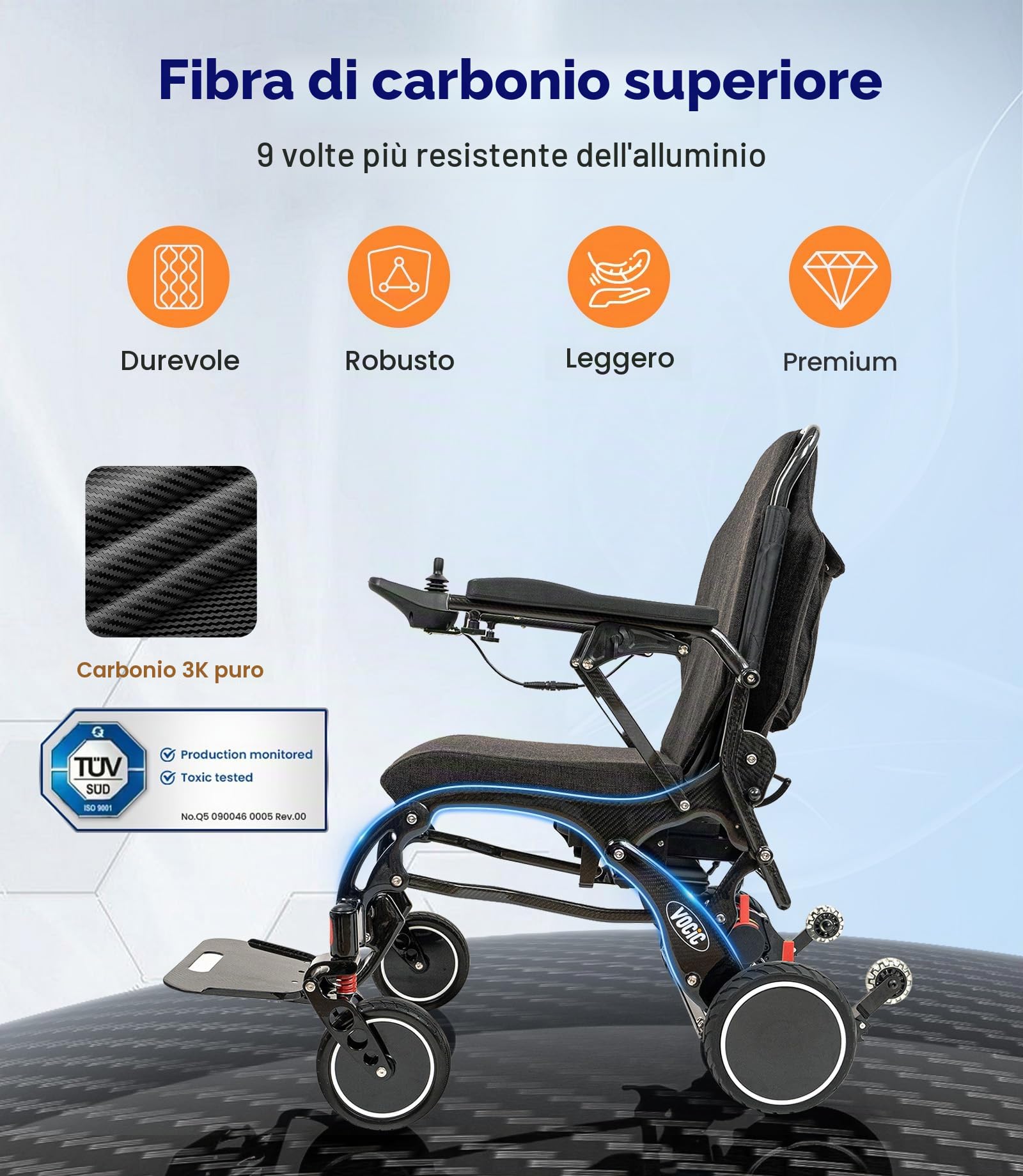 VOCIC Carbonio Sedia a rotelle elettrica pieghevole leggera,28 chilometri | V81 Carrozzina elettrica doppia batteria per anziani,Pneumatici in PU per tutti i terreni,Aeromobile idoneo al volo