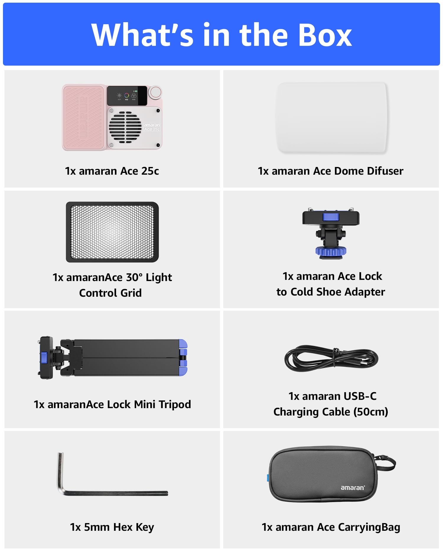 Amaran Ace 25c RGBWW kolorowe oświetlenie LED, 32 W, oświetlenie wideo on-Camera, 2300 K-10000 K, 5908 lx przy 0,5 m, szybkie ładowanie USB-C, magnetyczne mocowanie, bezprzewodowe sterowanie aplikacją