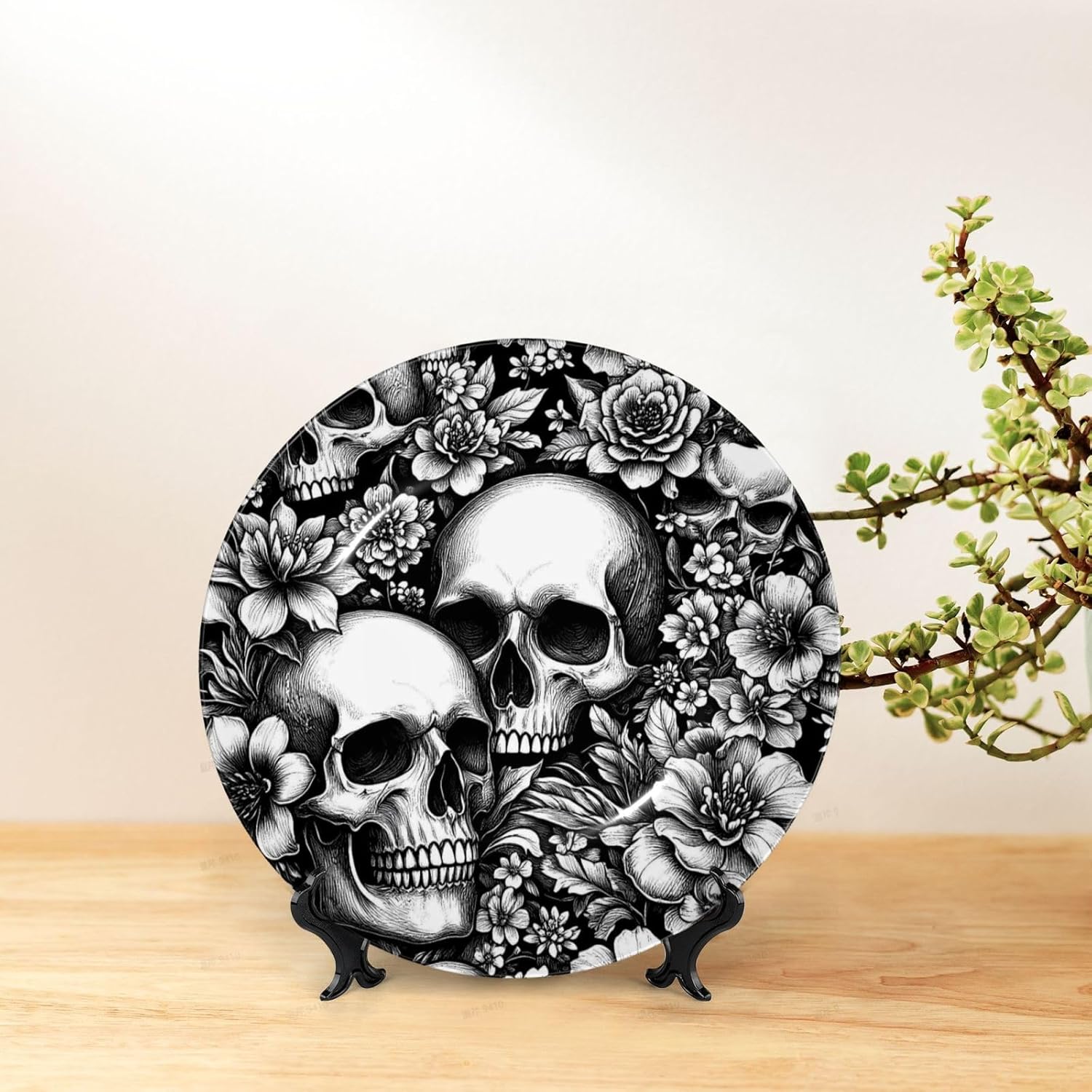 Skull And Flower Pattern Style Ceramic Plate Display Decorative Plate With Stand Wall Hanging Plate For Home Decor 10 Inch