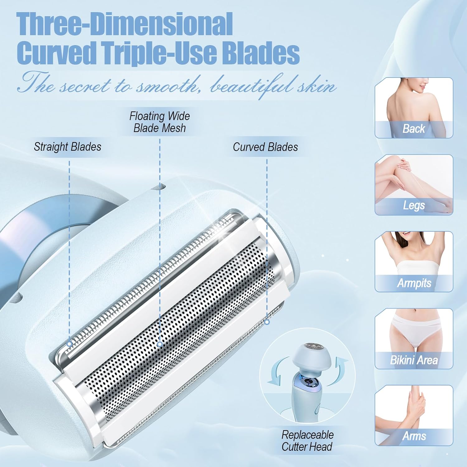 Electric Shaver for Women, 2 in 1 Wet & Dry Silk Glide Pro Shaver with 2 Removable Heads, Rechargeable Electric Razors for Bikini, Pubic Hair, Legs, Body, Blue - Image 3