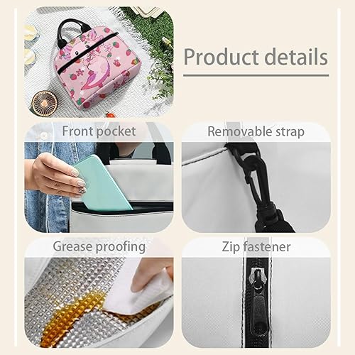 Miniatura 7 de Drydeepin Axolotl - Lonchera con bonito estampado de fresas para mujer, bolsas enfriadoras aisladas, a prueba de fugas, bolsas de almuerzo de gran