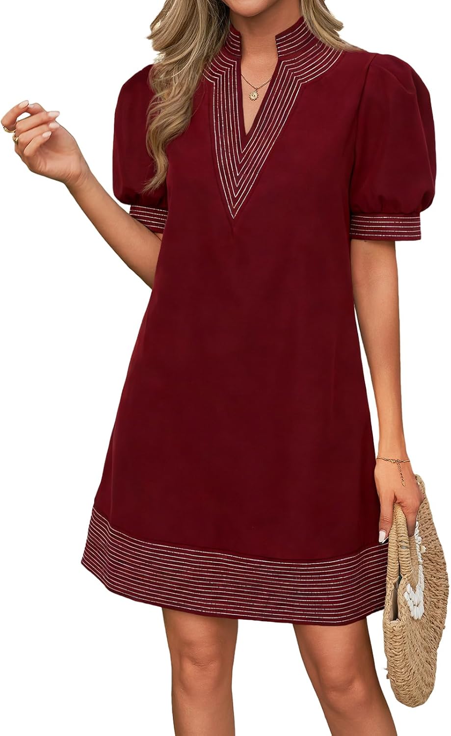 Wenrine Womens Summer V Neck Shift Dresses Casual Puff Short Sleeve Color Block Short Boho Beach Dresses with Pockets