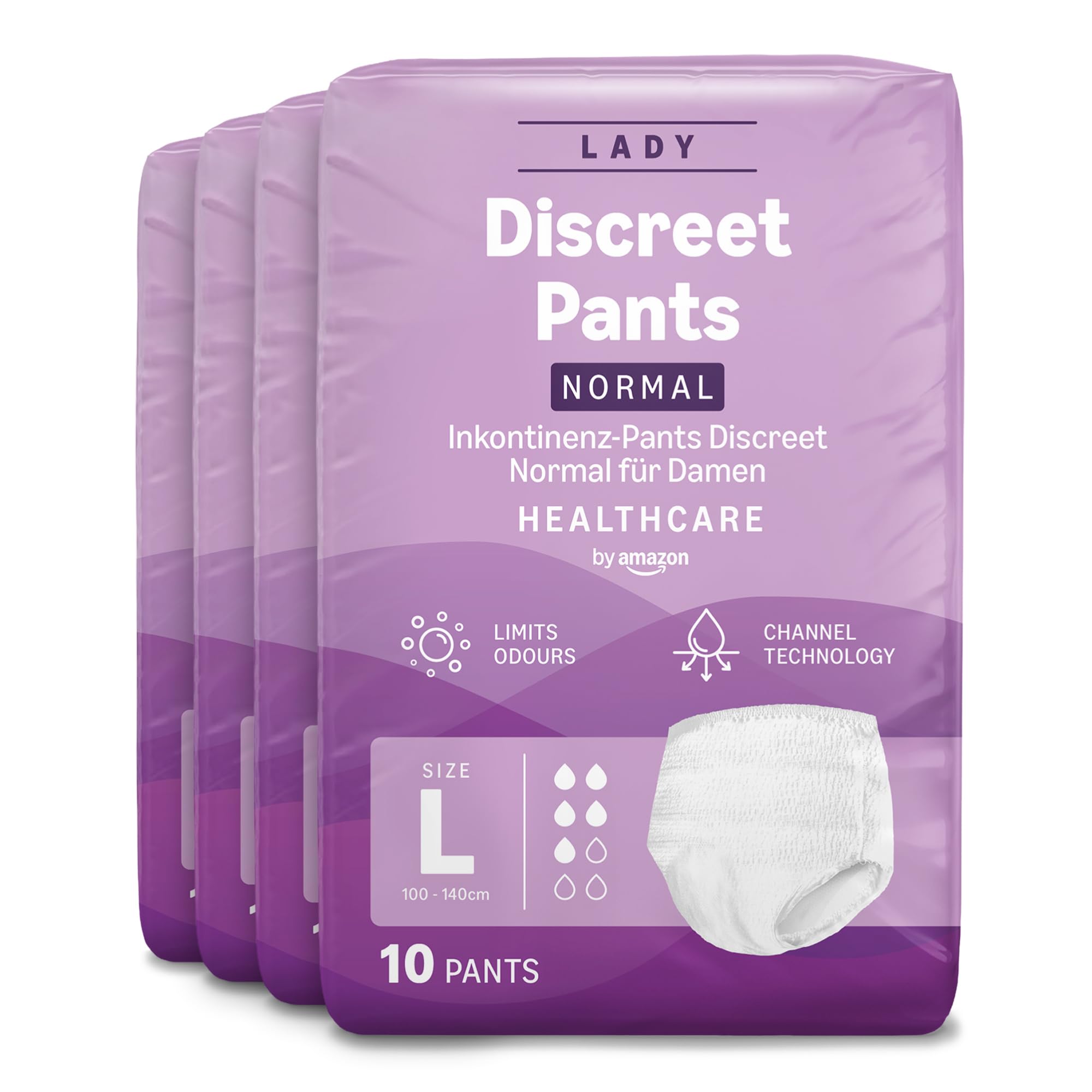 Healthcare by Amazon Discreet Incontinence Lady Pants, Normal Absorbency, Large, 40 Count (4 Packs of 10), White, (Previously Amazon Basic Care) - Packaging May Vary