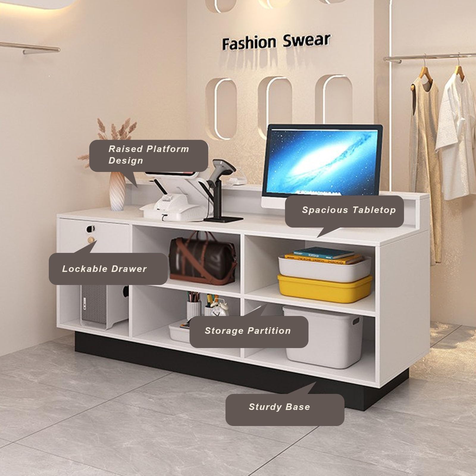 Empfangstheke mit Abschließbarer Schublade, Moderne Rezeption mit Ablagefächern und Großer Arbeitsplatte für Büro, Salon, Praxis und Geschäft(Beige+Brown,200cm)