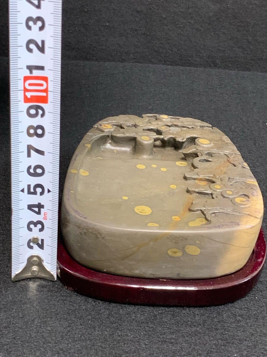 端渓硯 中国硯 木箱入り 梅に鳥彫刻 石目硯石 石筋模様 骨董 中国古硯