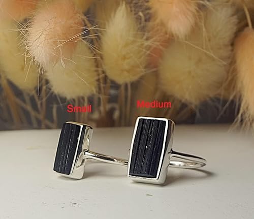 Vista 8 de Anillo apilable de plata esterlina maciza de turmalina negra cruda, piedra natal de octubre