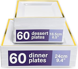 120 Premium White Square Plastic Plates with Gold Rim – 60 Dinner (24cm) and 60 Dessert (16.5cm) Plates – Elegant & Reusable Tableware for Weddings, Birthdays, BBQs, Events