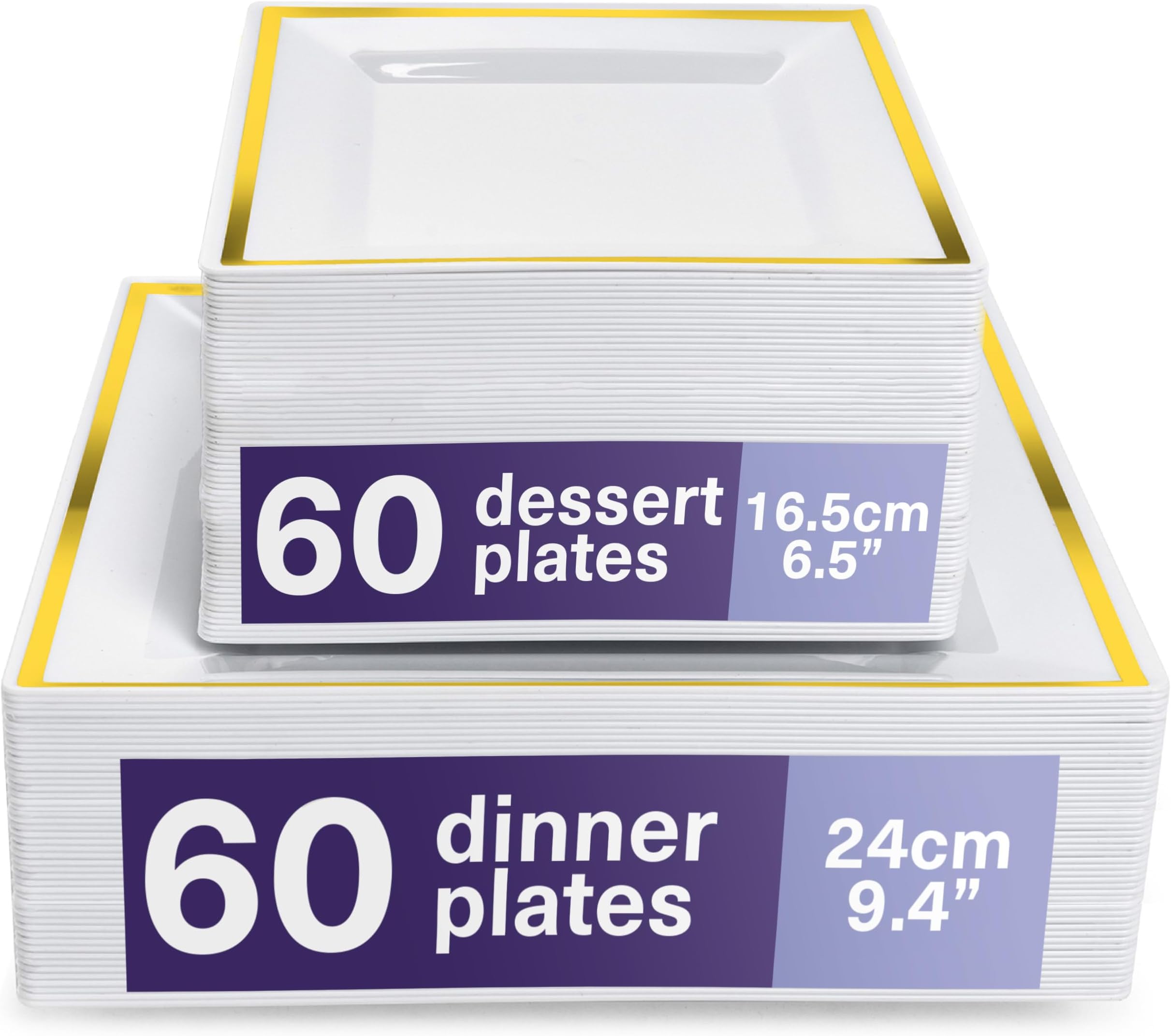 120 Premium White Square Plastic Plates with Gold Rim – 60 Dinner (24cm) and 60 Dessert (16.5cm) Plates – Elegant & Reusable Tableware for Weddings, Birthdays, BBQs, Events