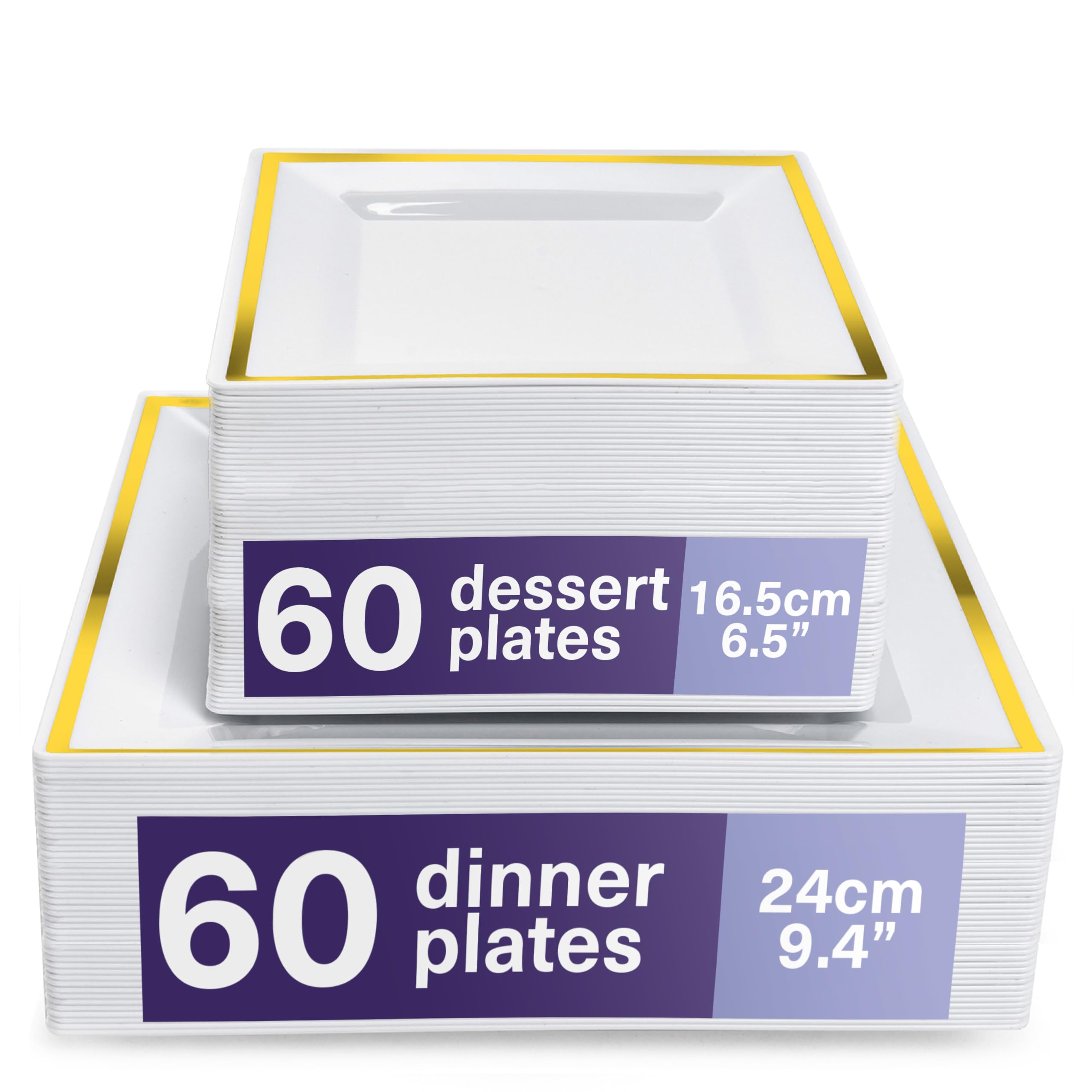 MATANA 120 Premium White Square Plastic Plates with Gold Rim – 60 Dinner (24cm) and 60 Dessert (16.5cm) Plates – Elegant & Reusable Tableware for Weddings, Birthdays, BBQs, Events