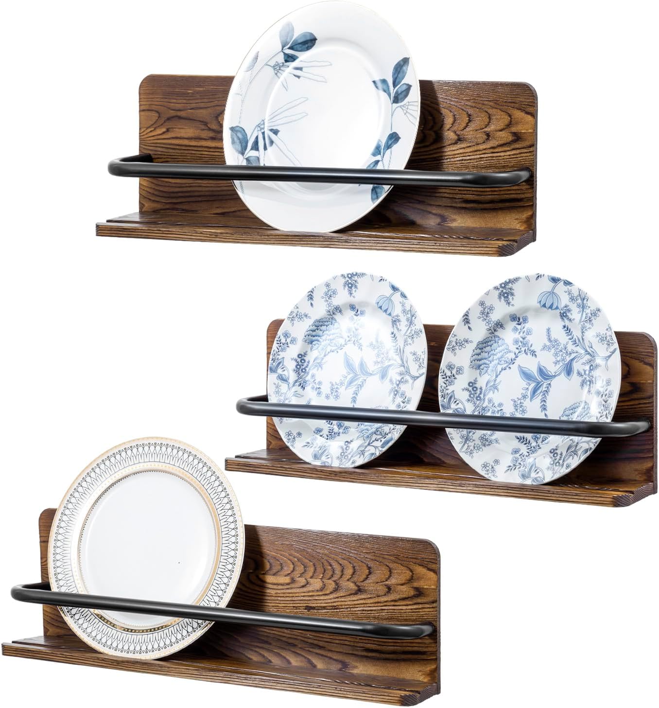 MyGift Set of 3 Wall Mounted Decorative Display Wooden Dual Plate Holders, Rustic Burnt Solid Wood Stand Shelf and Black Metal Rack Decor Hangers for 6 to 10 Inch Plates