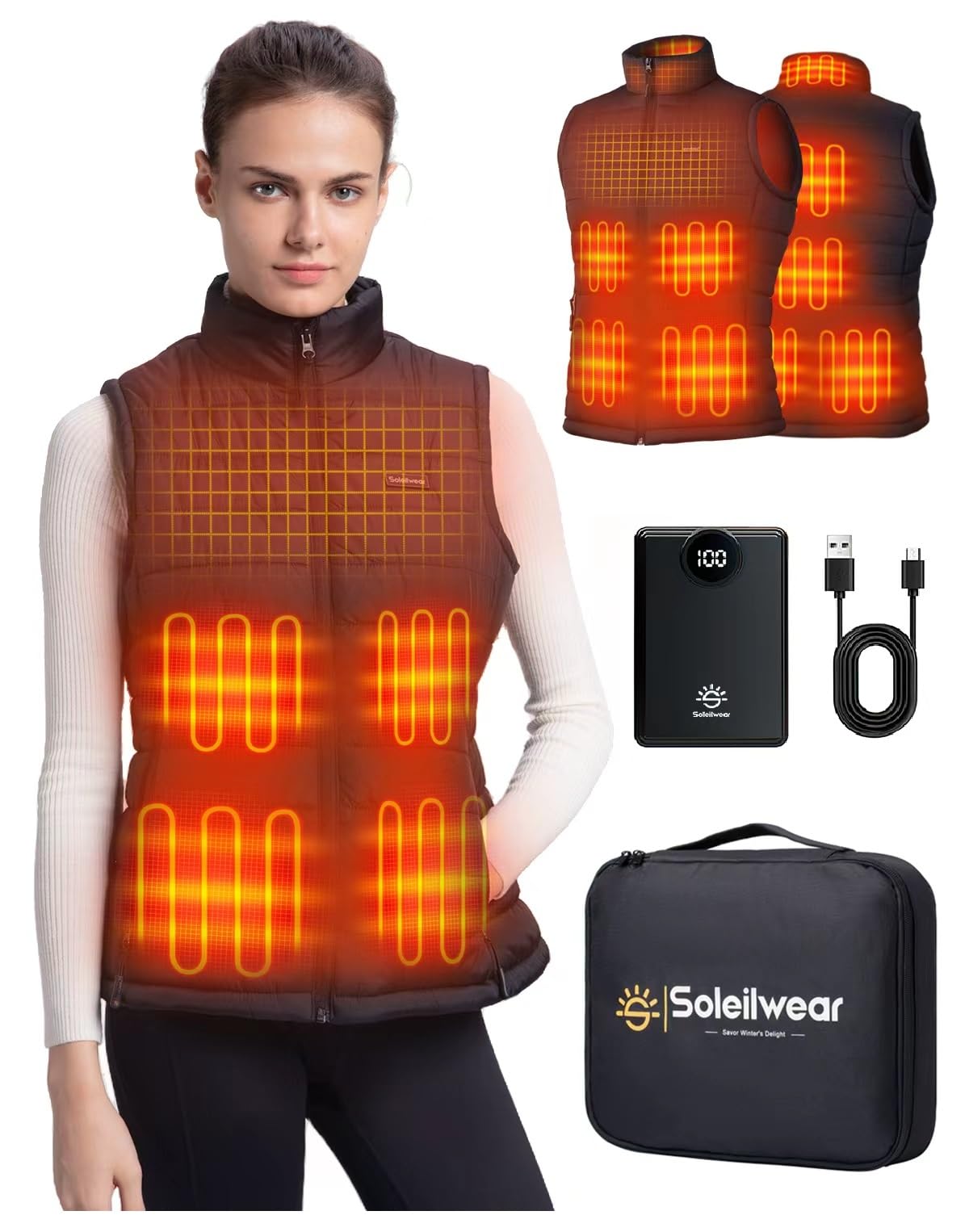 Soleilwear Womens Heated Vest with 12000mAh Battery, 9 Heated Zones Lightweight Rechargeable Vest for Outdoor Outerwear