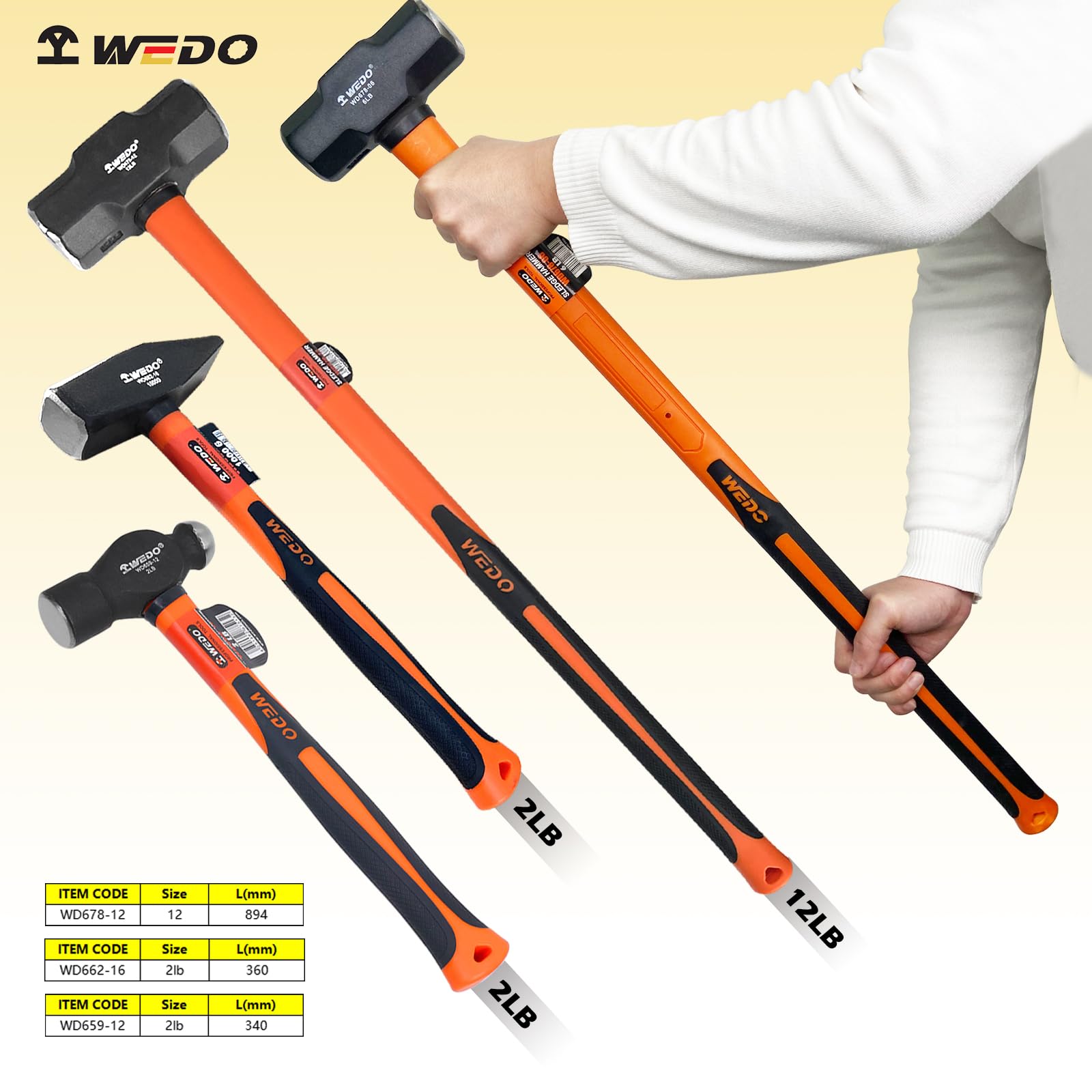 WEDO Juego de martillos de 3 piezas, martillo de bola de 2 libras, martillo de trineo de 12 libras, martillo cruzado de 2 libras, martillo de acero de alto carbono, mango de fibra de vidrio,