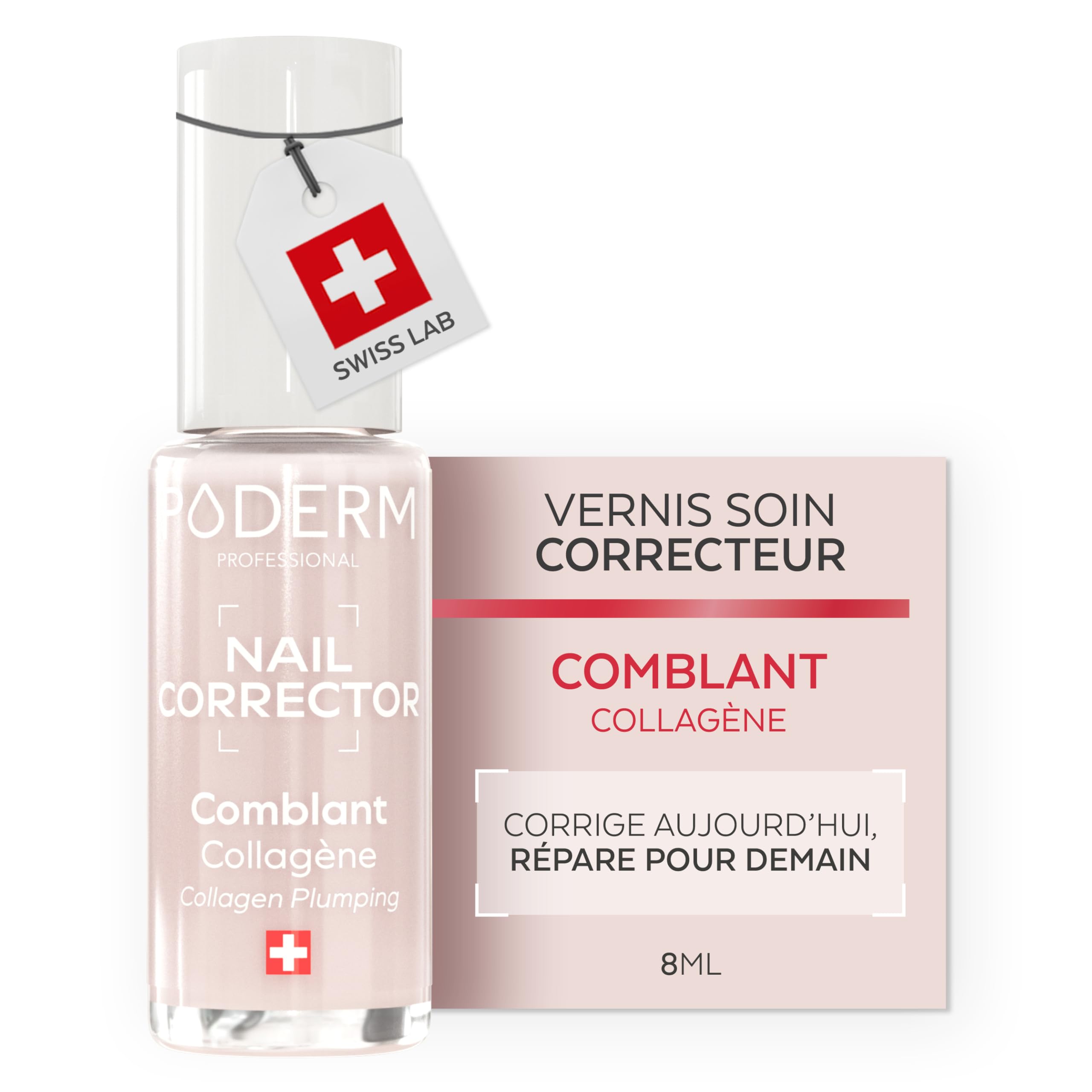 PODERM Vernis à Ongles Soin Correcteur & Perfecteur - Collagène | Lisse, Floute & Comble les Stries avec Fini Gel Naturel - 8 ML | Ongle Protégé et Plus Uniforme | Développé par un Podologue en Suisse - 2
