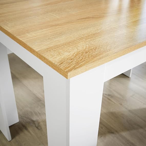Home Source Kitchen Dining Table, 2 Benches to Seat 4, Oak Effect Top, White