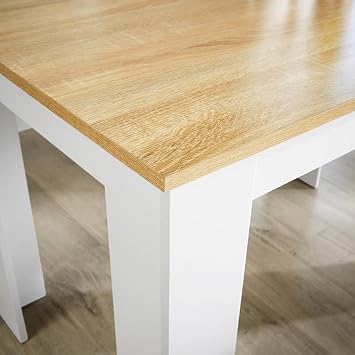 Home Source Kitchen Dining Table, 2 Benches to Seat 4, Oak Effect Top, White