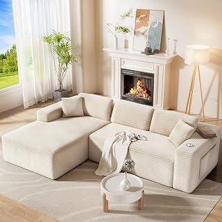 CAMMOO 108" Beige Corduroy Cloud Sectional Sofa, L-Shaped Modular Couch with 33.5" Deep Seat, 4 Storage Pockets, One Box Delivery