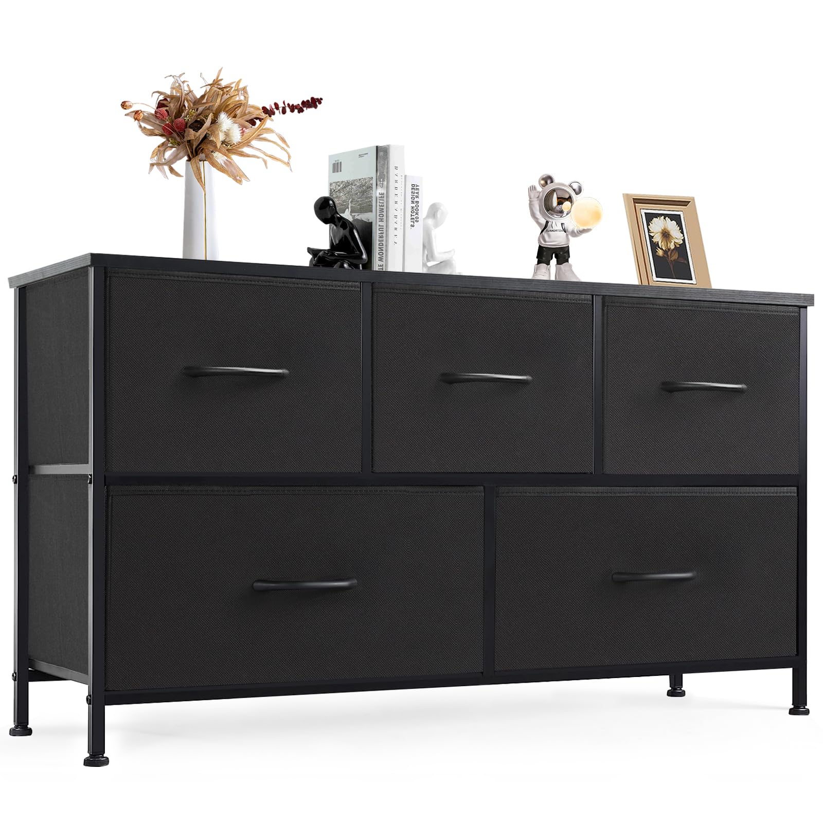 Dresser for Bedroom with 5 Fabric Drawers, Small Chest Organizer Units for Clothing, Closet, Kidsroom, Storage Tower with Cabinet, Metal Frame, Wooden Top, Lightweight Nursery Furniture, Black