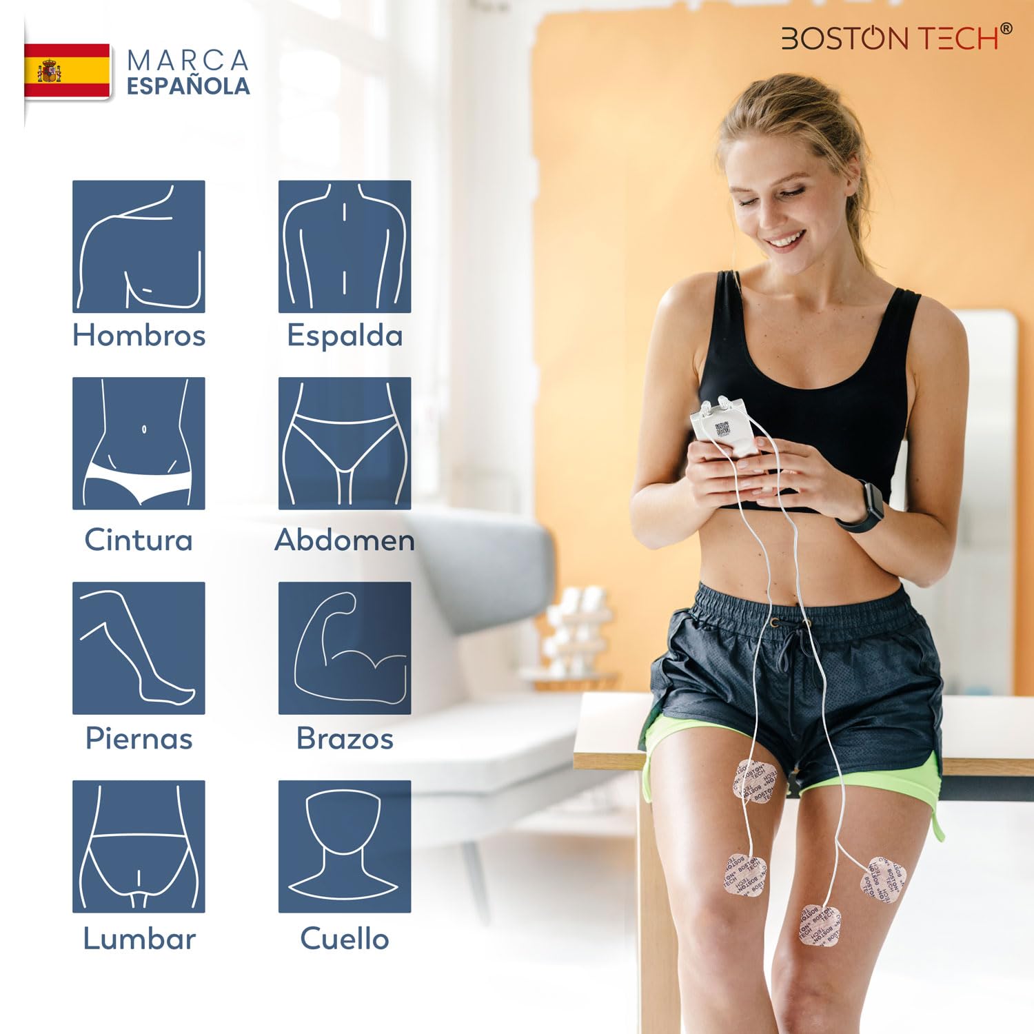 Boston Tech® Electro estimulador Muscular | 3 en 1: TENS + EMS + Fitness | Alivio eficaz del Dolor + Entrenamiento | 2 Canales + 50 Modos + 16 Niveles de Intensidad + Incluye Estuche + 4 Electrodos