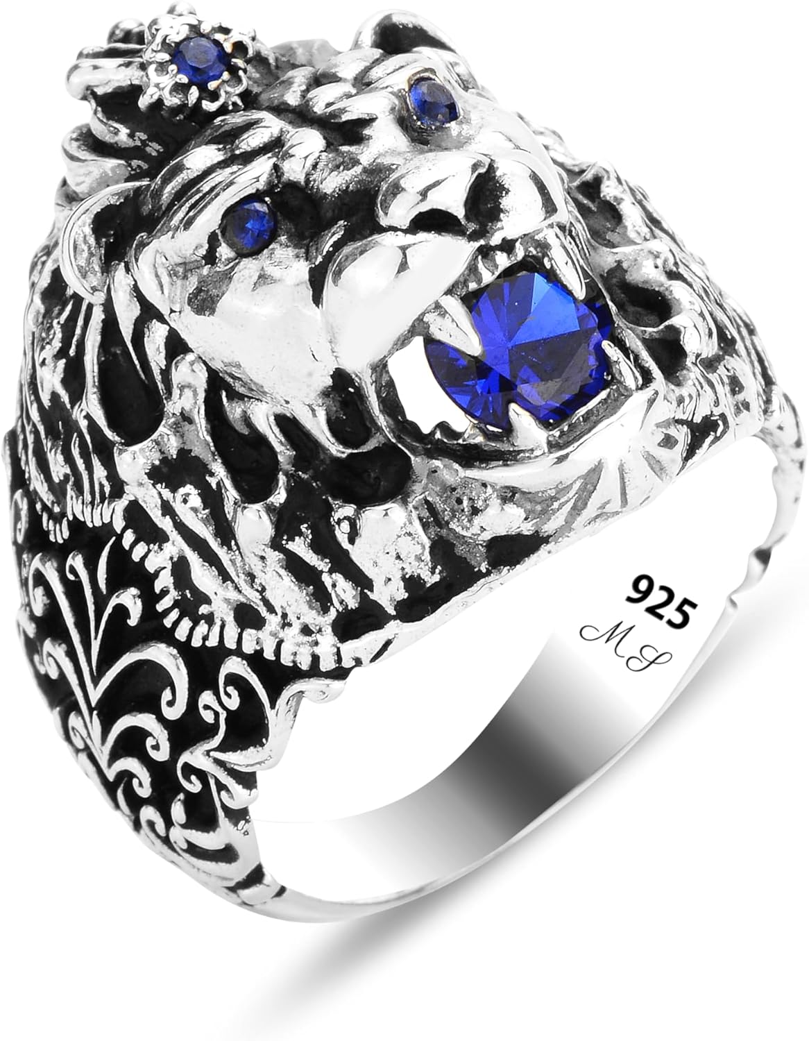 Silver Sapphire Stone Leon Head Ring, Men Lion Head Ring, Handmade Wild Lion Ring, Large Leon Animal Ring, 925k Sterling Silver Ring