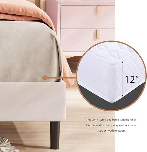 Miniatura 6 de alazyhome Base de cama tapizada de tamaño individual beige con cabecera tapizada de terciopelo y listones de madera, no necesita somier, fácil