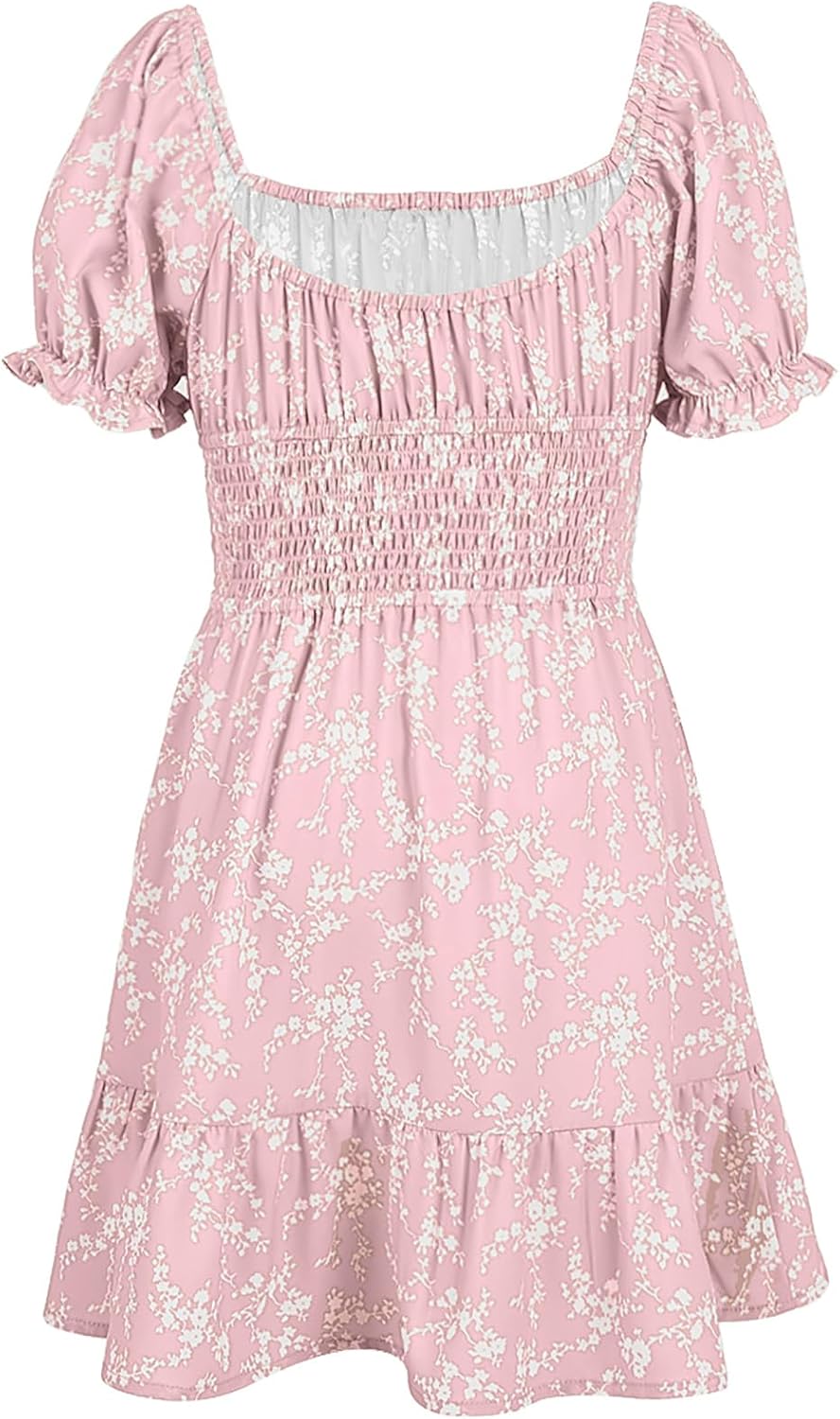 Goranbon Girls' Summer Floral Dress Kids 2025 Puff Sleeve Square Neck Smocked Flowy Sun Dresses - Image 5