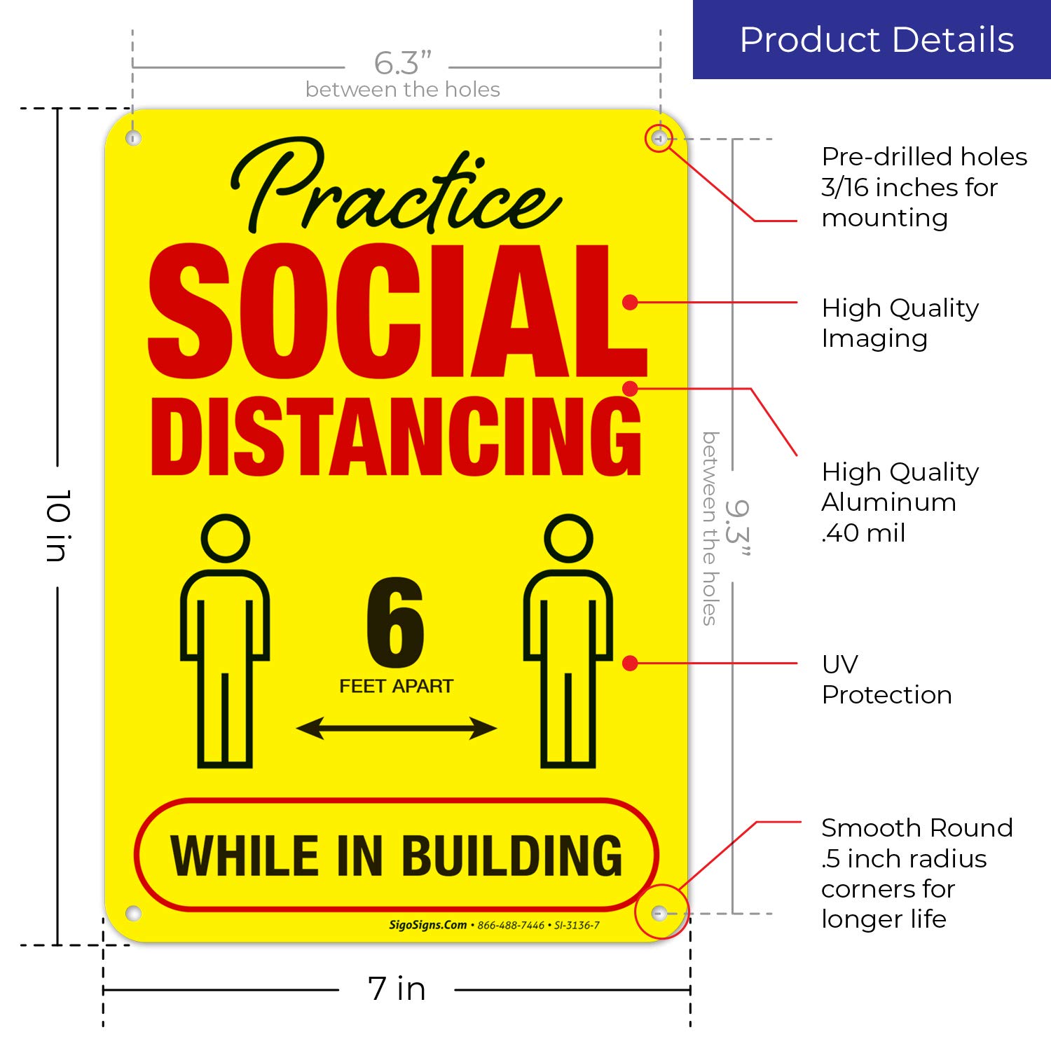 Social Distancing Sign, (3 Pack) Stay 6 Feet Apart While In Building, 10x7 Inches, Rust Free .040 Aluminum, Fade Resistant, Easy Mounting, Indoor/Outdoor Use, Made in USA