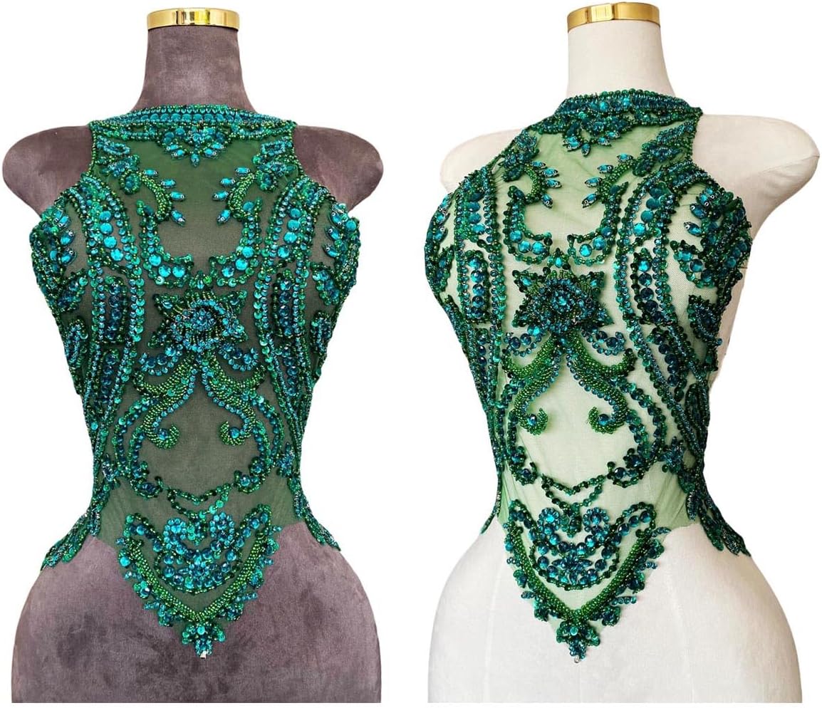 Handmade Beads Rhinestones lace Applique Bodice Patches Trimming sew on Sequins Stones Beads Shining for Wedding Evening Dance Dress Decoration (Deepgreen)