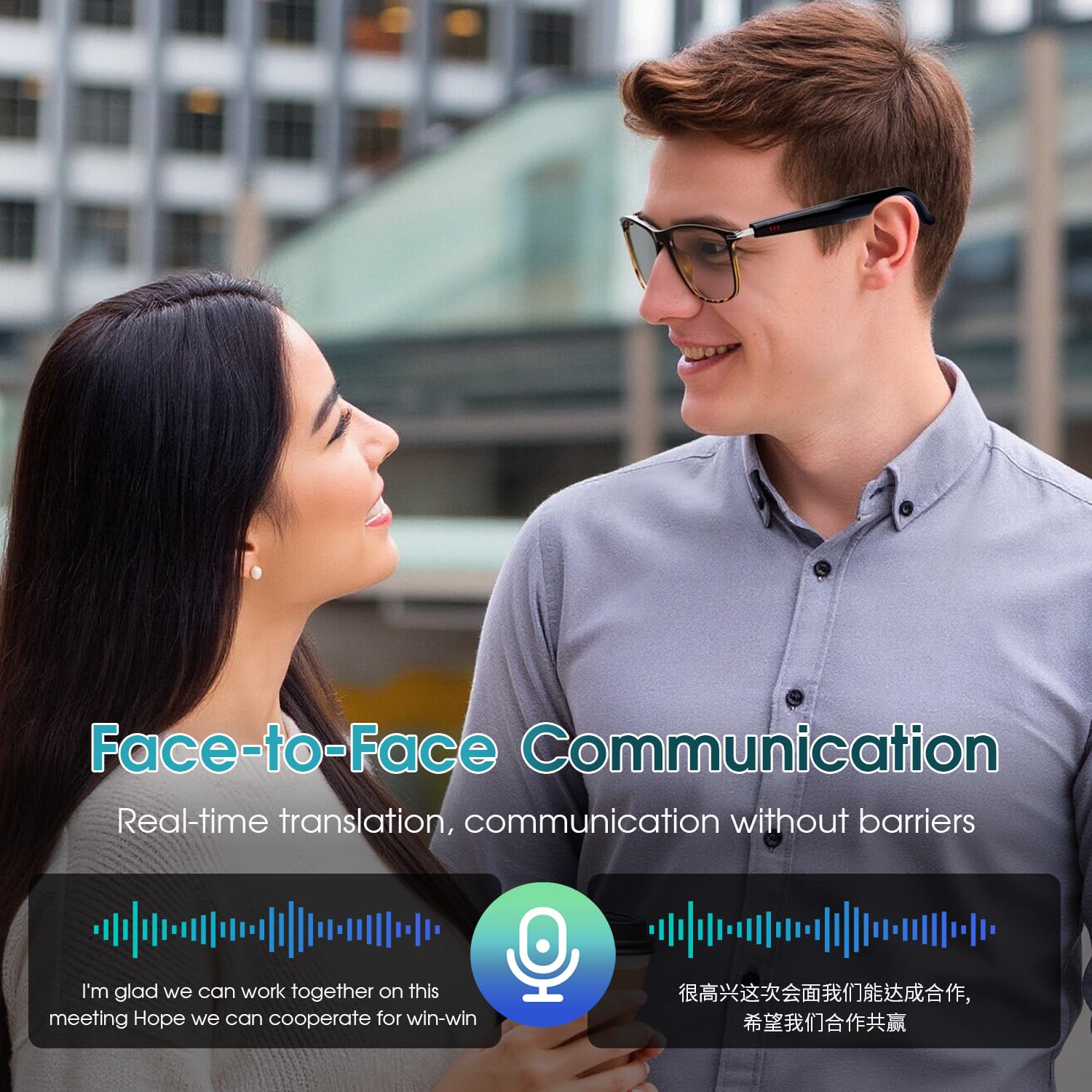 Occhiali intelligenti AI per uomini e donne, supporta oltre 160 lingue, traduzione in tempo reale tramite app, design audio open ear, lenti fotocromatiche, Bluetooth 6.0, occhiali da traduzione per