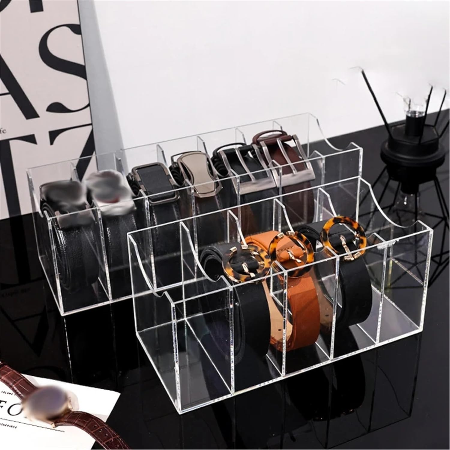 3/5/7 Grid Belt Organizer Storage Holder for Closet Display Case for Tie Bow Rack Box for Belts(Clear-7 Grids)