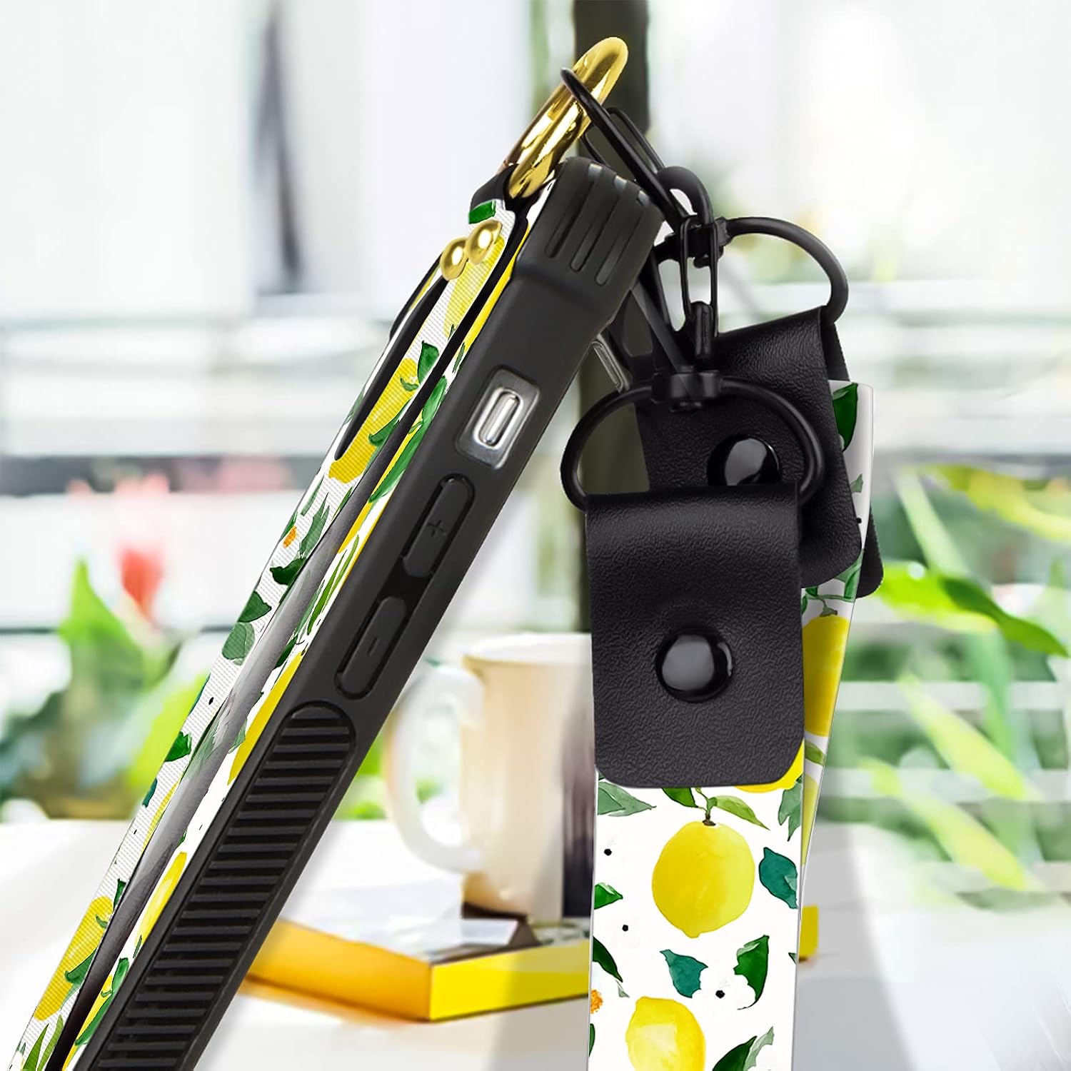 OOK Compatible with iPhone 12 Pro Max Case Lemon Flowers Design Wrist Strap Cell Phone Cover with Lanyard Kickstand Band Protective Shockproof Stand Fruit Pattern Bumper Case for Women Girls