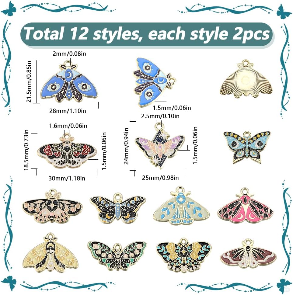 SUNNYCLUE 1 Box 24Pcs 12 Styles Moths Charms Enamel Butterfly Charms Bulk Alloy Black Goth Gothic Halloween Insect butterflies Luna Moth Charm for Jewelry Making Charms Diy Necklace Bracelet Earring - Image 2