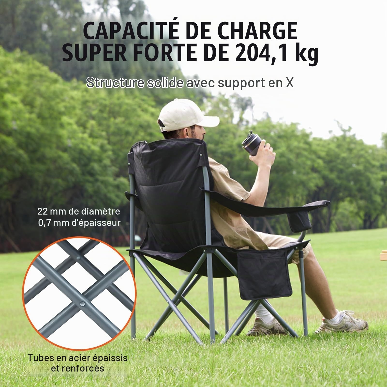 VEVOR Chaise de Camping Pliante en Plein Air 98x63x99 cm Chaise de Pêche Extérieur en INOX Charge 158 kg Siège Pliant Portable Léger avec Porte-Gobelet 3 Sacs de Rangement pour Pique-Nique Randonnée