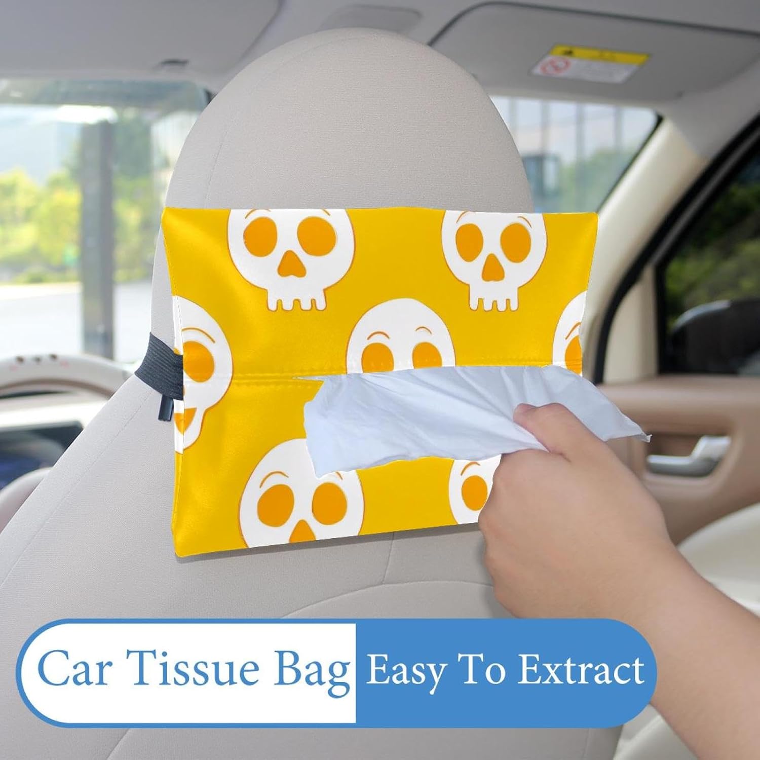 2 Pieces Tissues Purse Pocket Car Tissue Box Holder, Reusable Travel Car Visor Tissue Pouch Zipper Tissue Case for Vehicle Paper Storage (Skulls Yellow Background) image 2