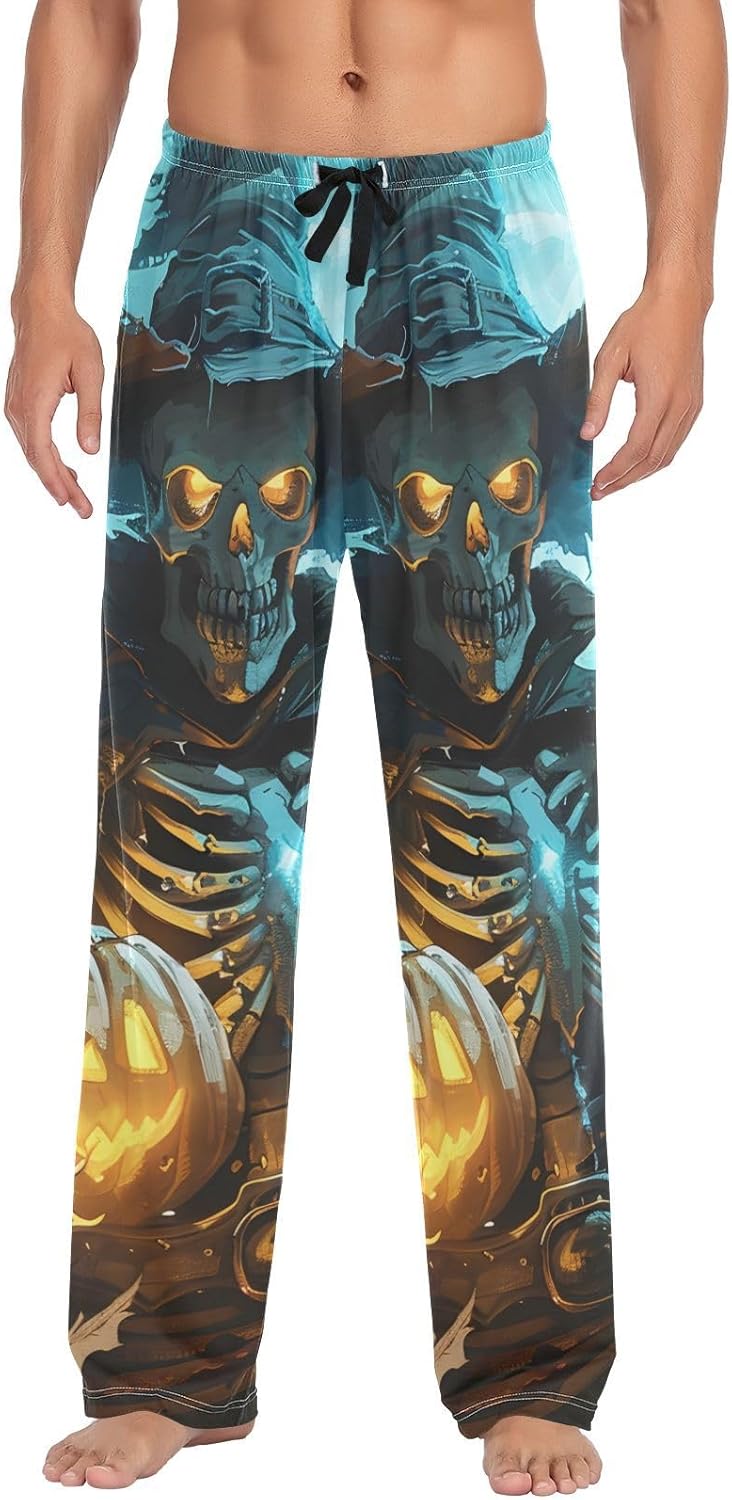 ALAZA Halloween Skull Pumpkin Men's Sleepwear Mens Pajama Pants Bottoms with Pockets, S