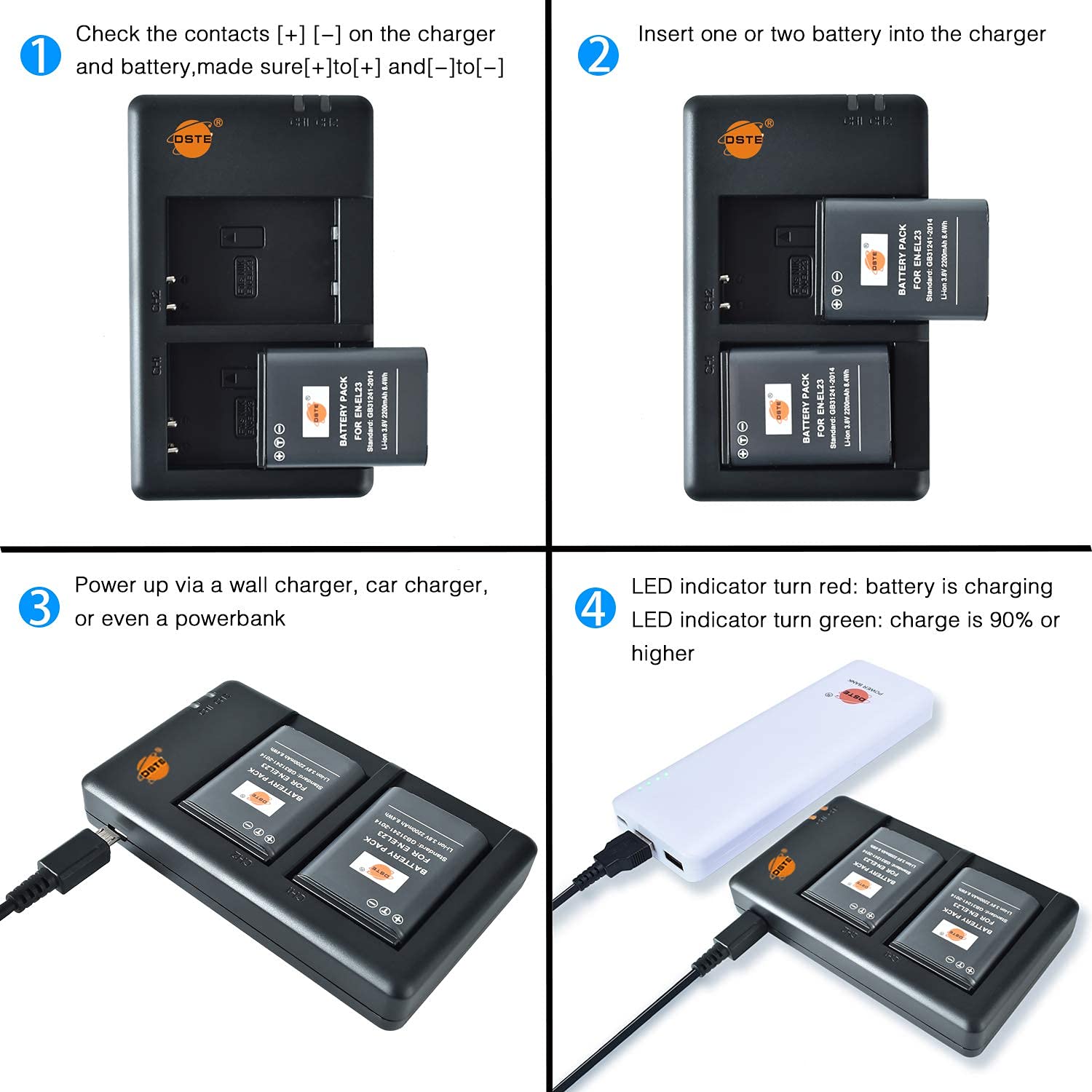 DSTE 2pcs Recargable EN-EL23 ENEL23 Batería + USB Dual Cargador Compatible para Nikon Coolpix P600 S810c P900S Digital Cámara