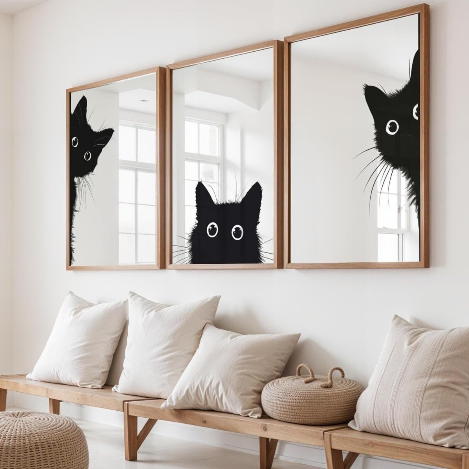 ZBELLO Black White Peeking Cat Wall Art Set of 3, Simple Line Kitty Prints, Soft Neutral Decor for Kids Room Entryway Apartment, Unframed (21x30cm)